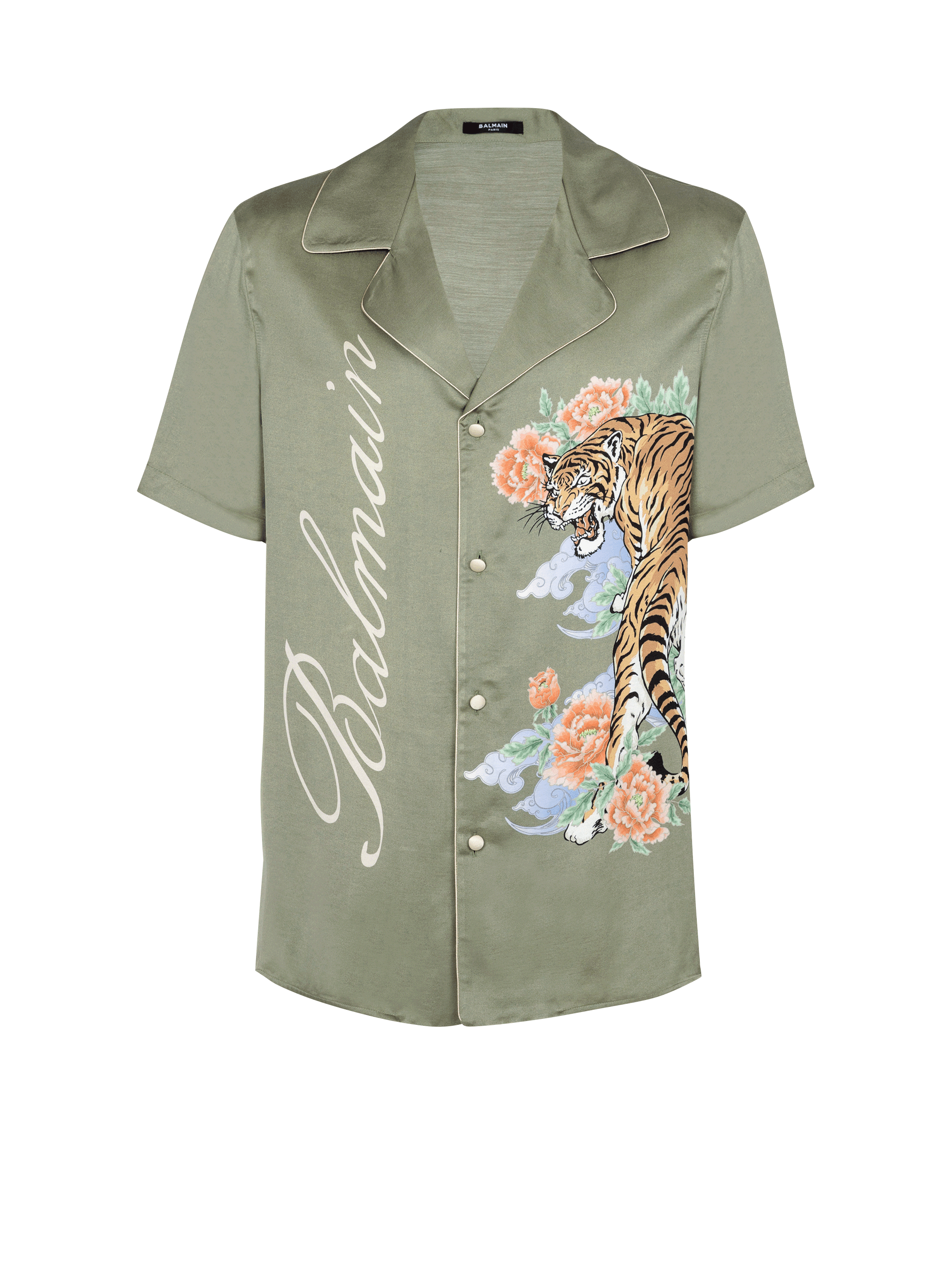 Short-sleeved satin shirt with Tiger print