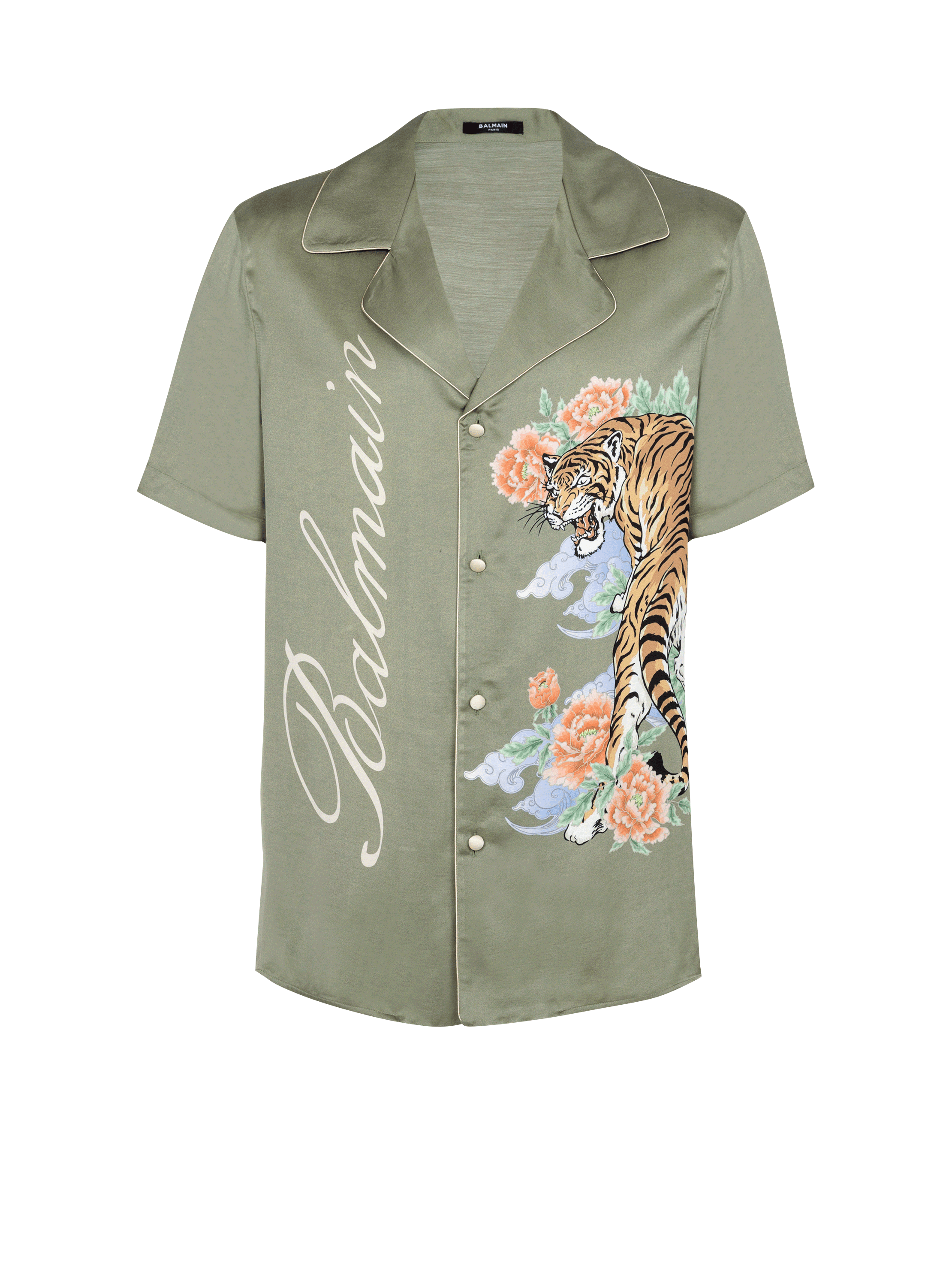 Short-sleeved satin shirt with Tiger print, khaki, hi-res