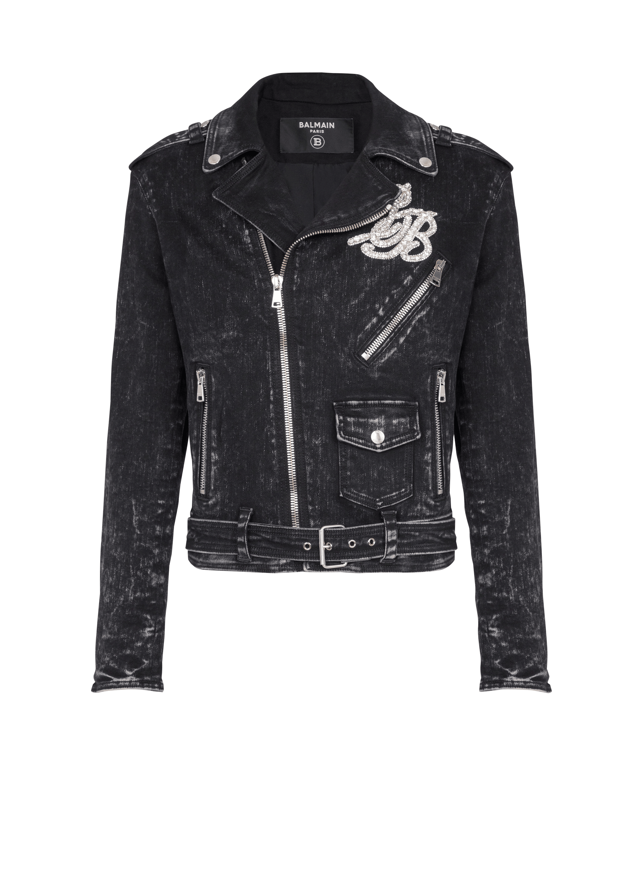 Denim biker jacket, black, hi-res