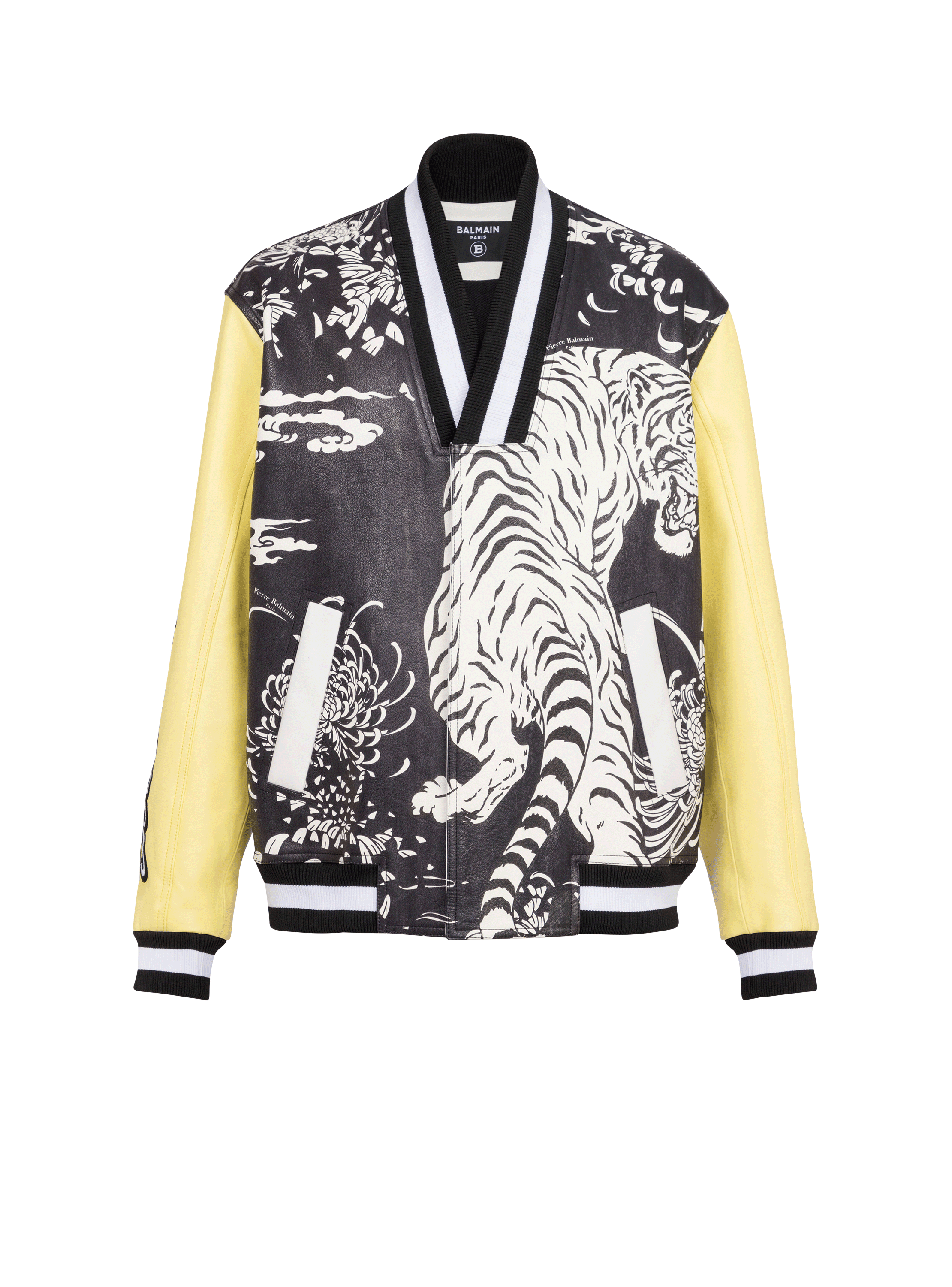 Leather varsity jacket with Tiger print multicolor - Men | BALMAIN