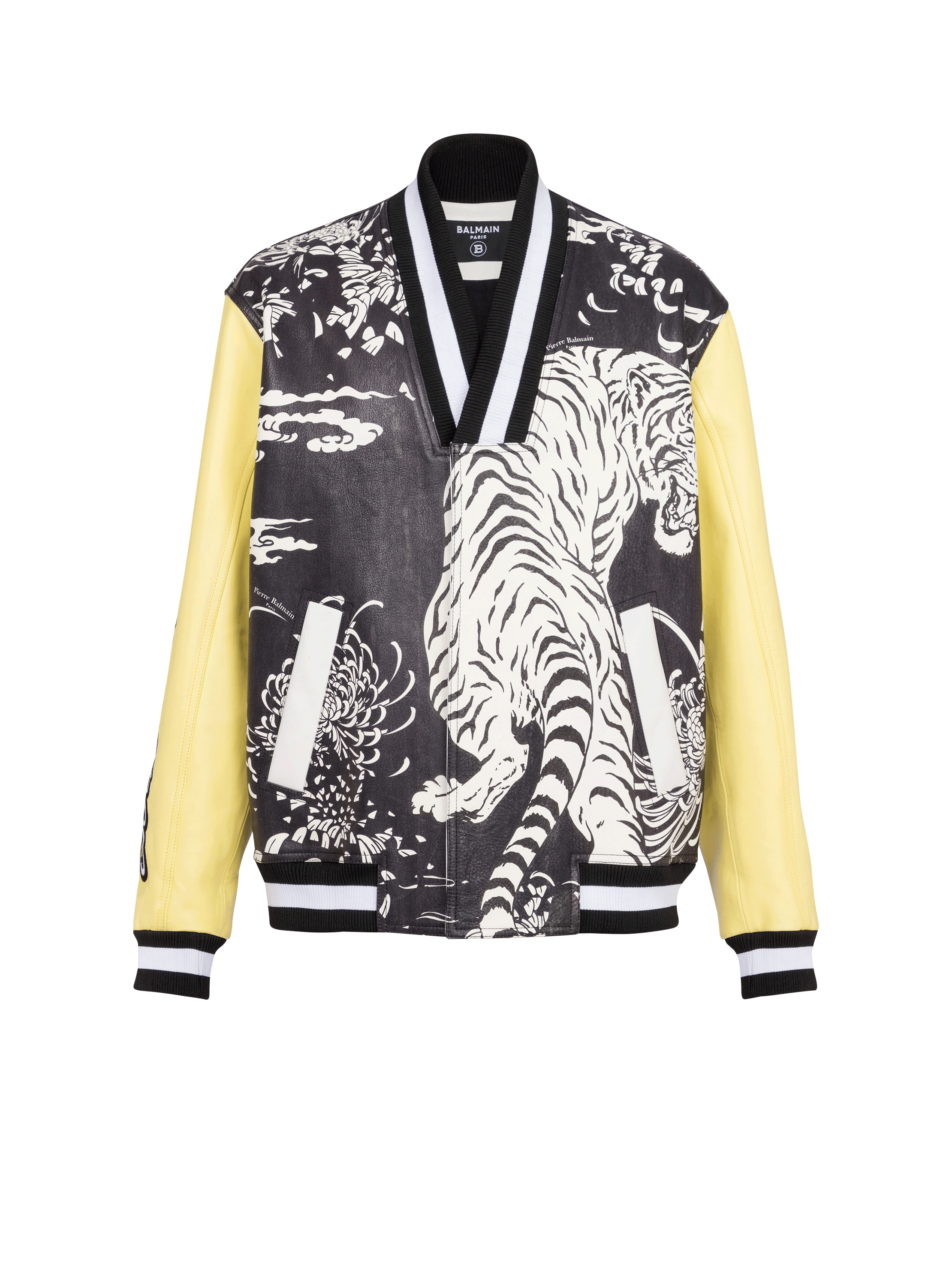 Leather varsity jacket with Tiger print