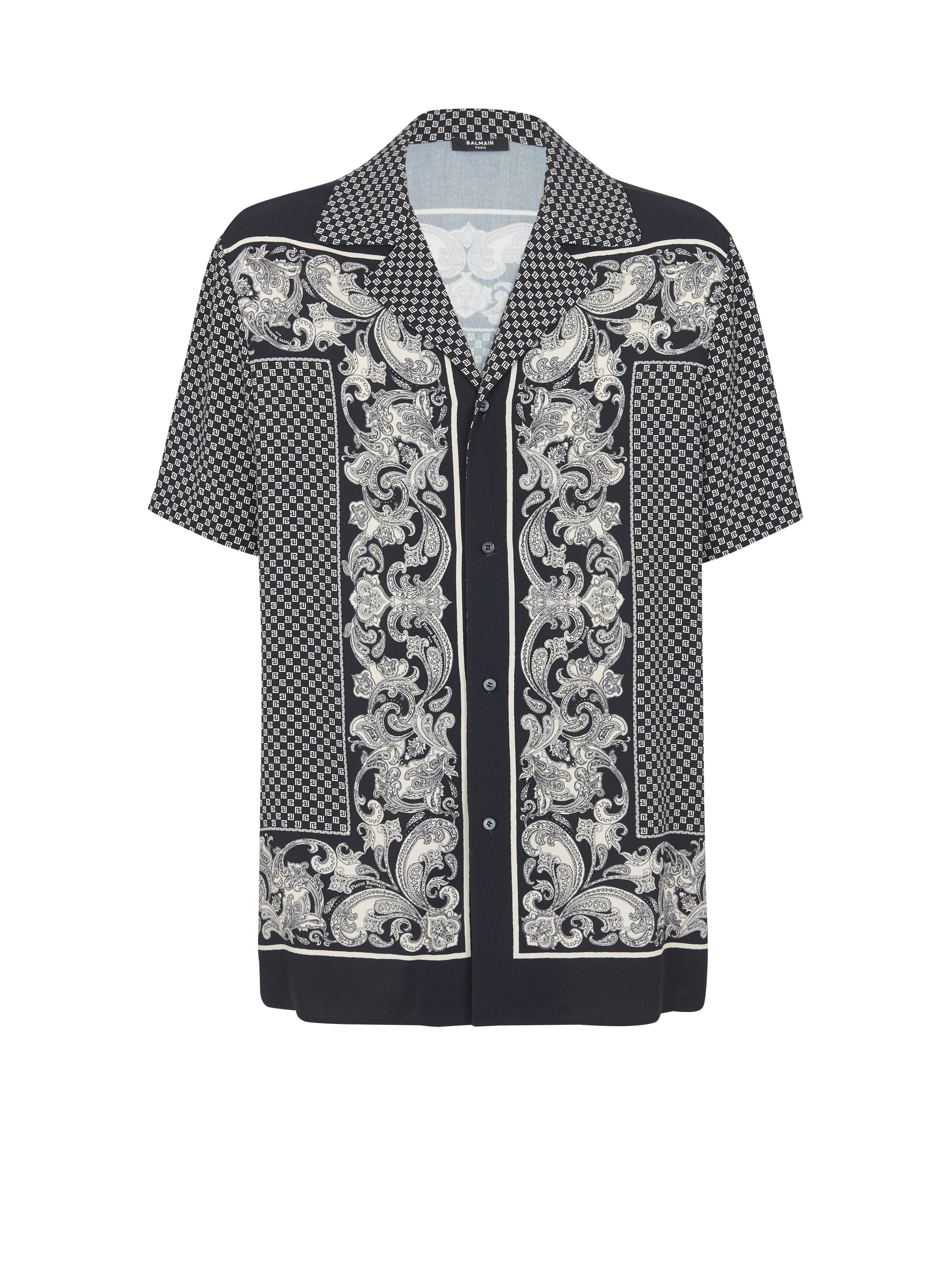 Camisa de seda con estampado Paisley y minimonograma, negro, hi-res
