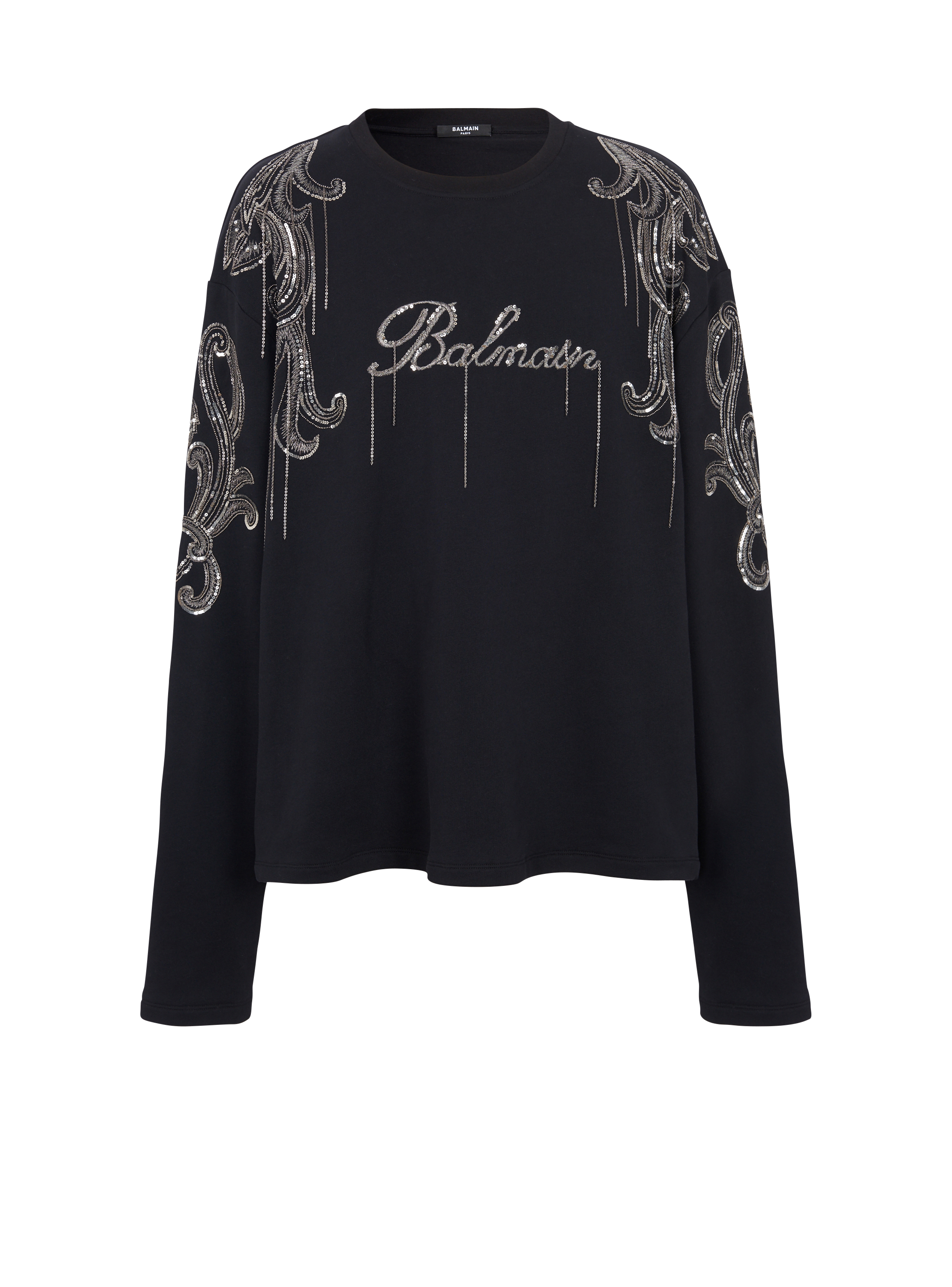 Besticktes Balmain Signature Sweatshirt mit Ketten, schwarz, hi-res