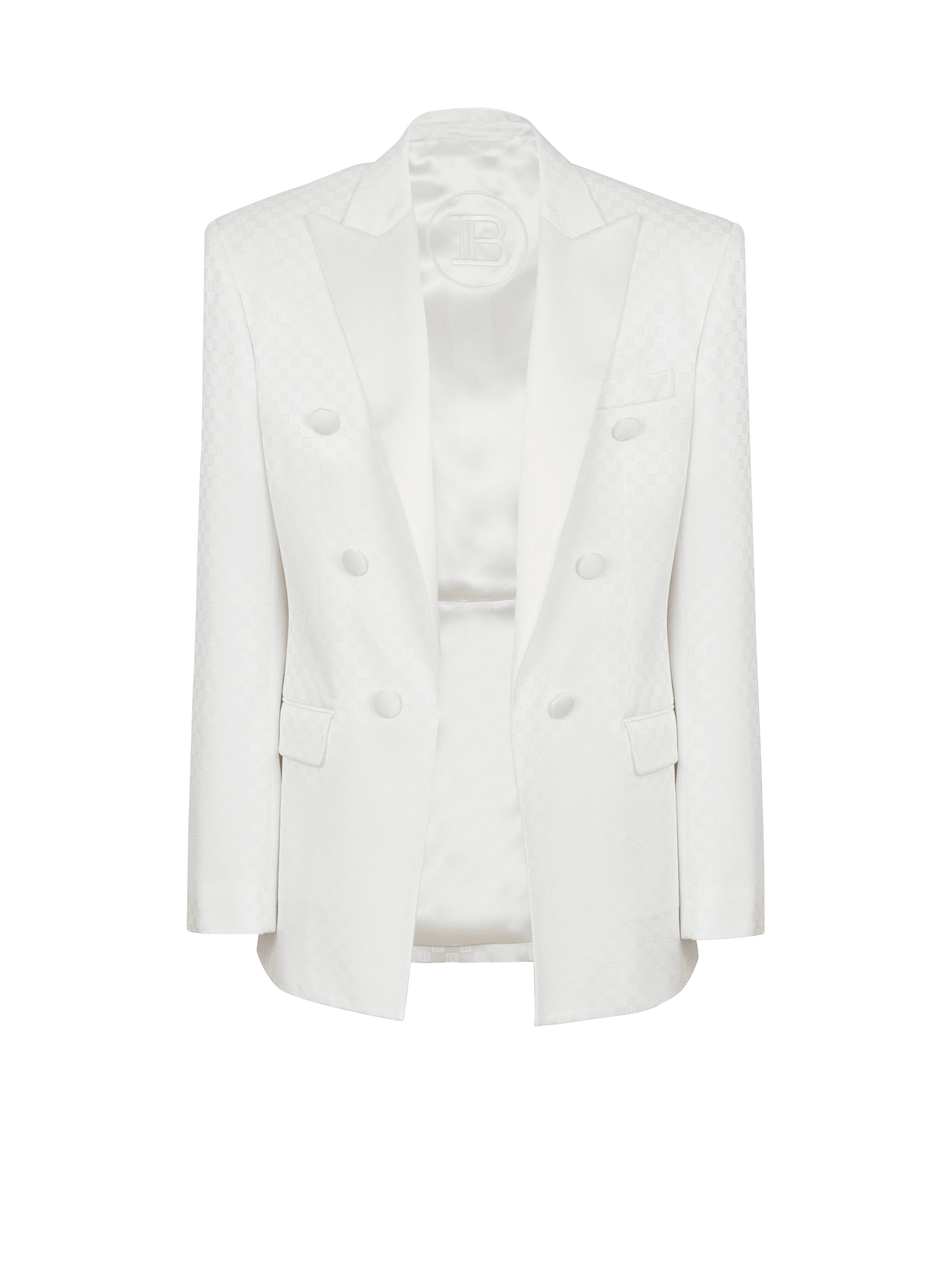 6-button monogram satin jacket, white, hi-res