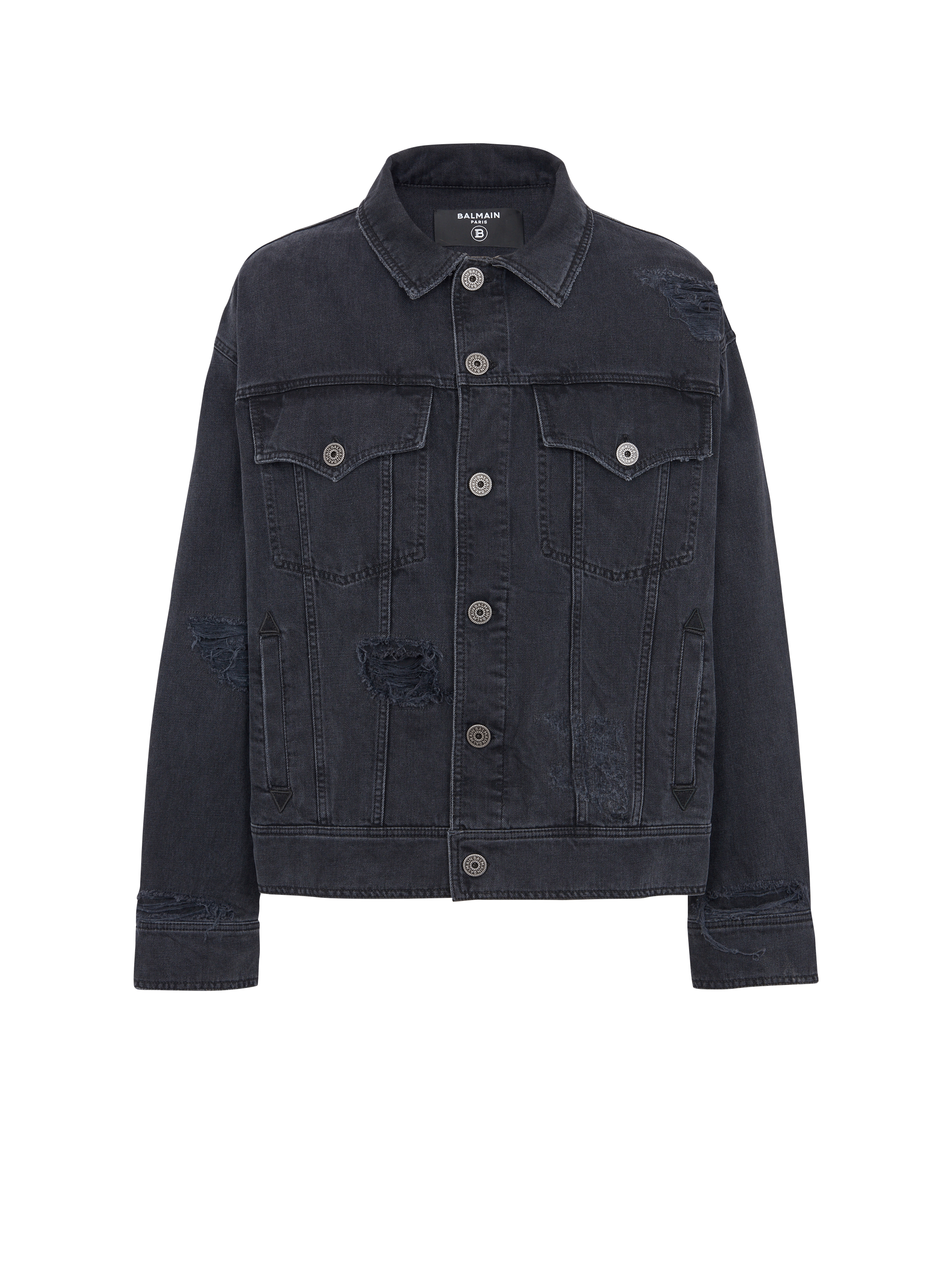 Mens black denim jacket with clearance patches