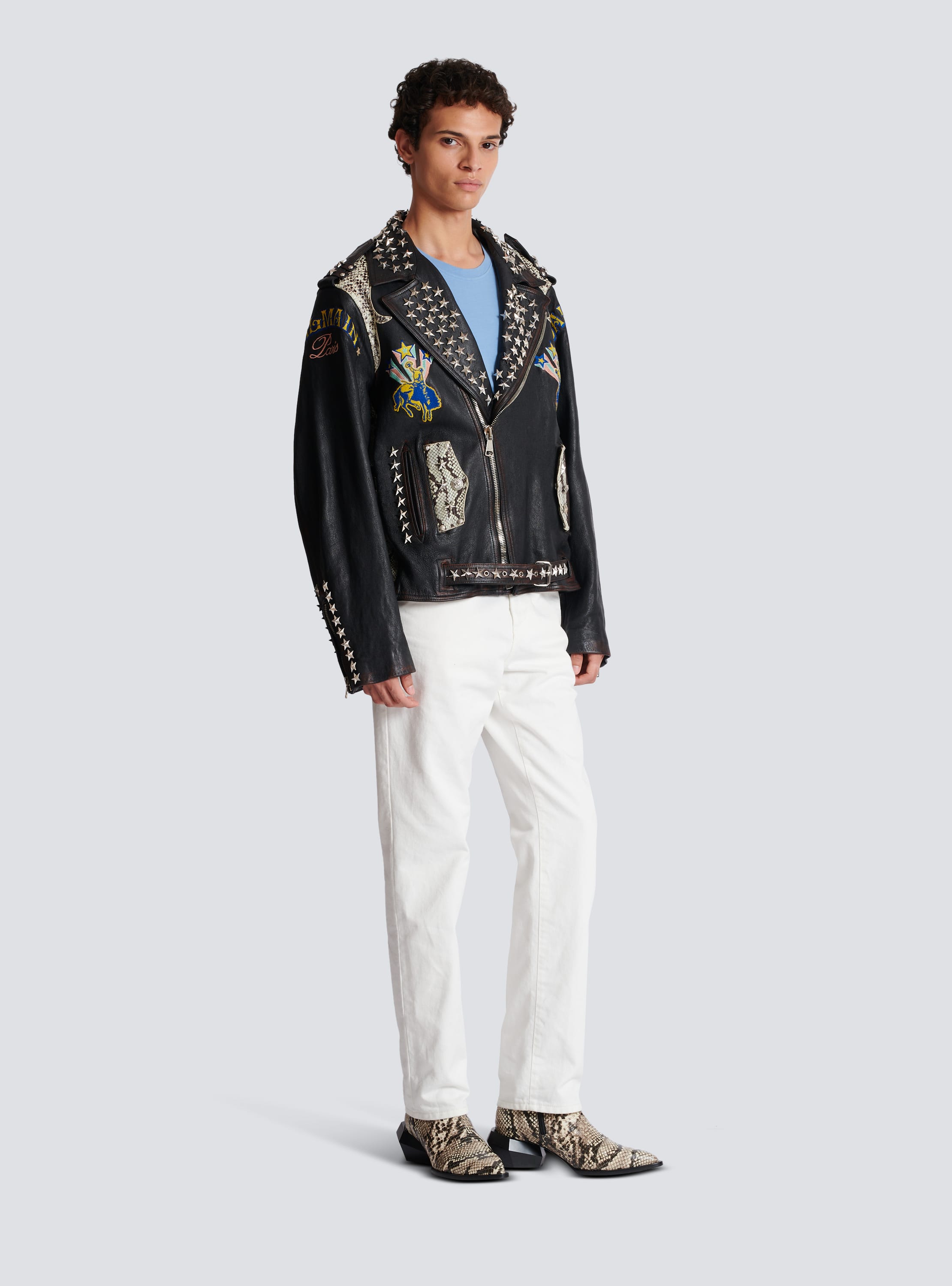 Le blouson moto cuir bordures côtelées, Balmain