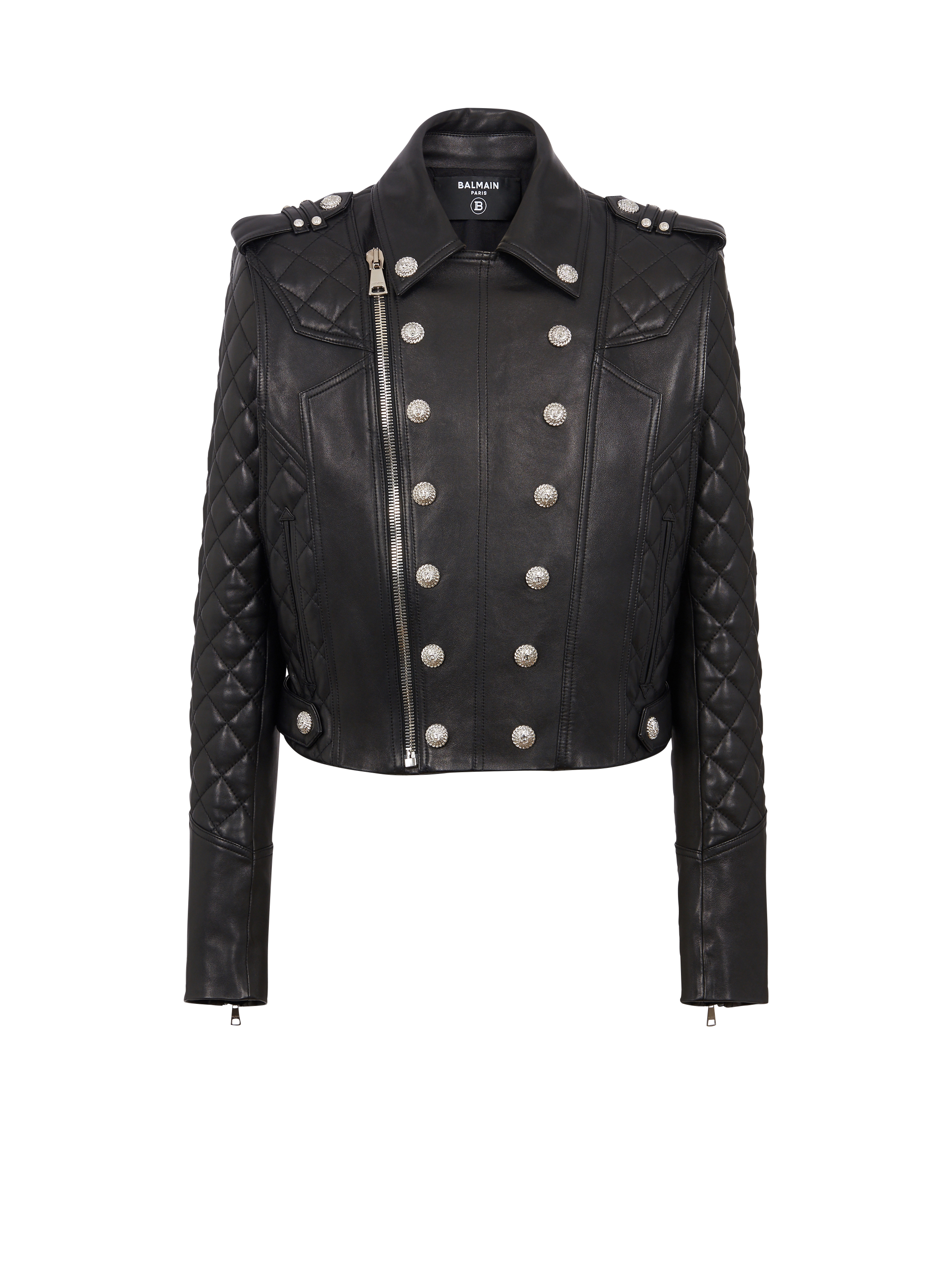 Quilted leather biker jacket, black, hi-res