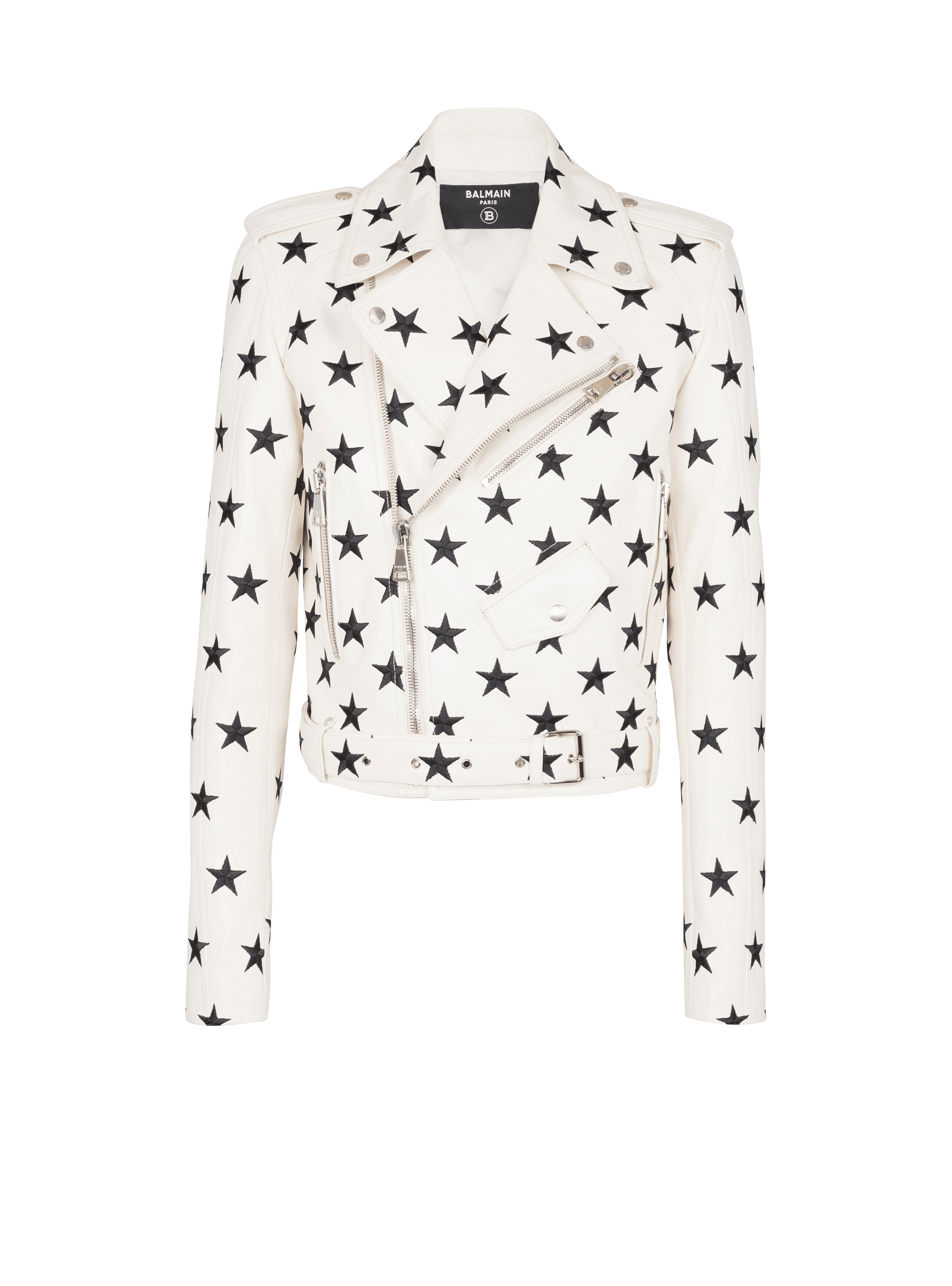 Veste biker en cuir brodé avec étoiles