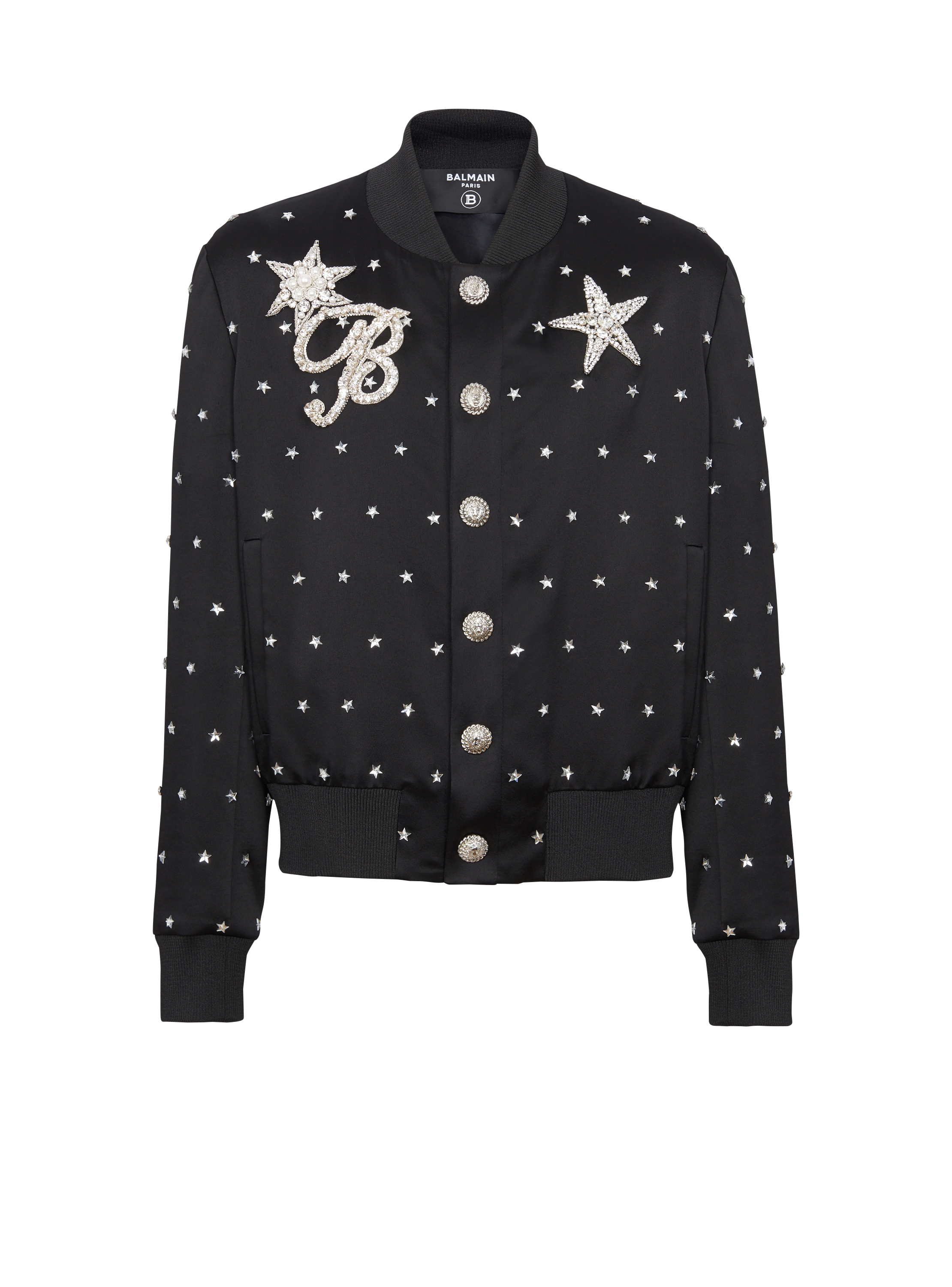 Stars embroidered bomber jacket, black, hi-res