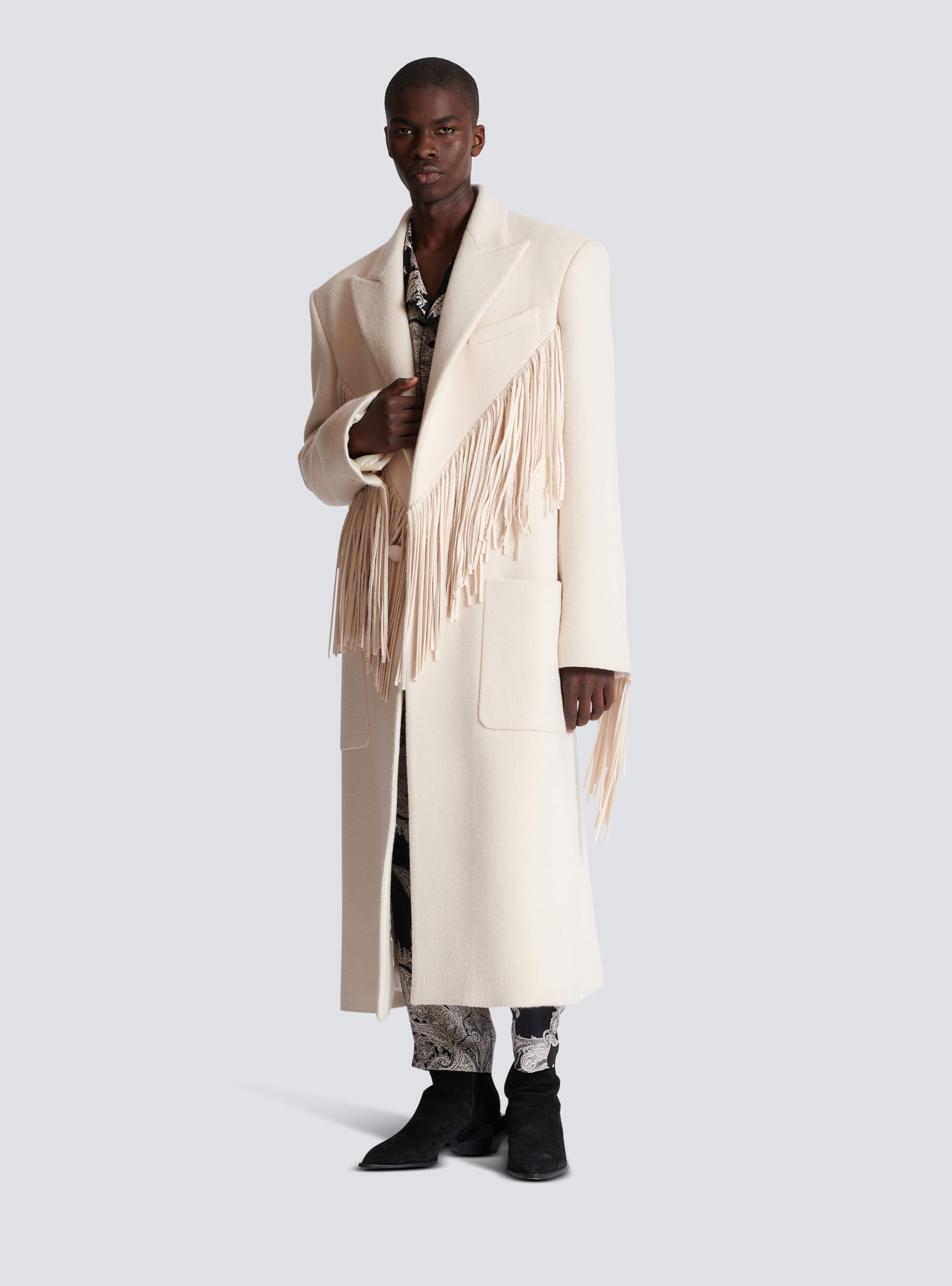 Abrigo largo unisex de lana y cachemira con flecos