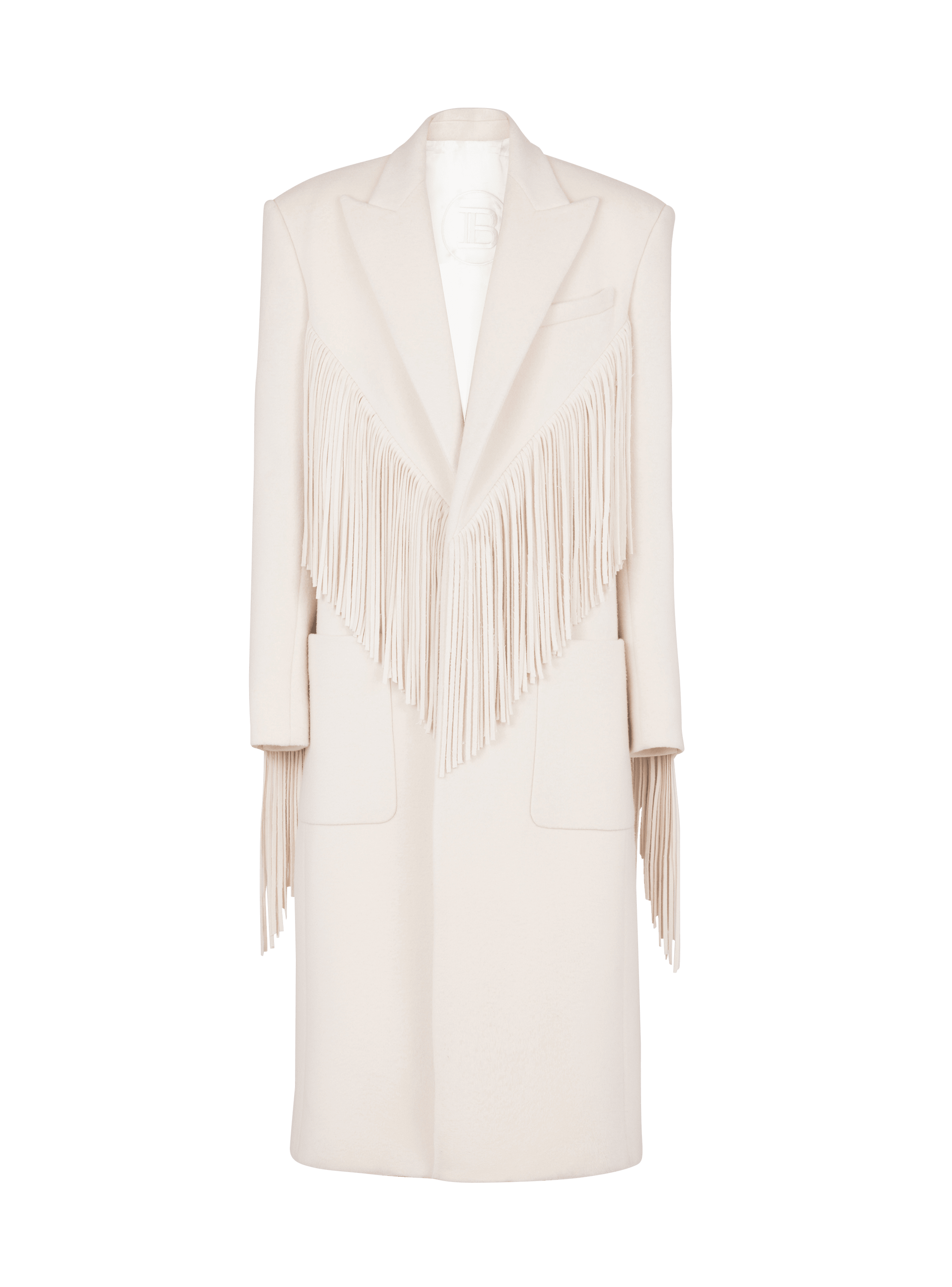 Unisex long fringed wool and cashmere coat, beige, hi-res