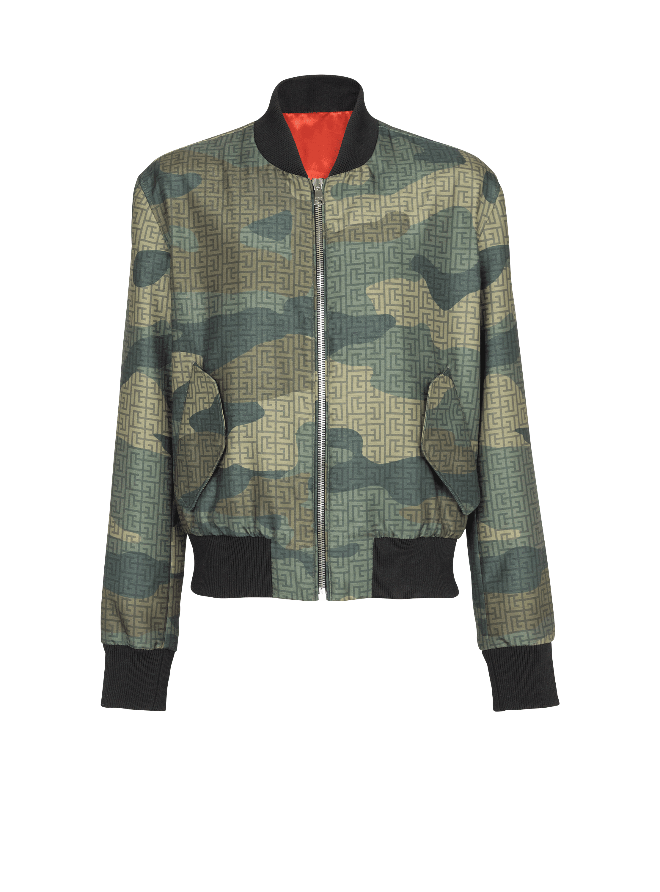 Camouflage monogrammed Shantung bomber jacket