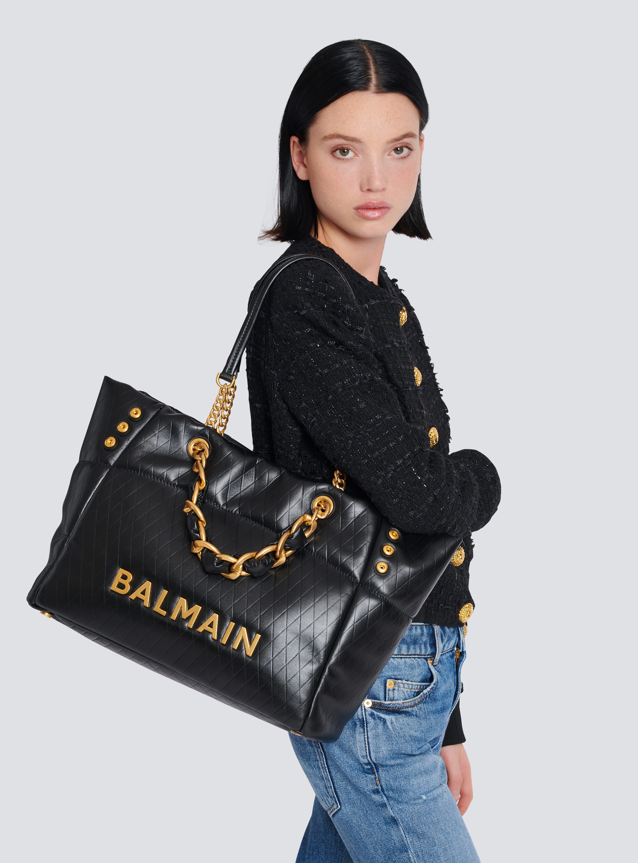 1945 Soft Tote bag in embossed calfskin black Women BALMAIN