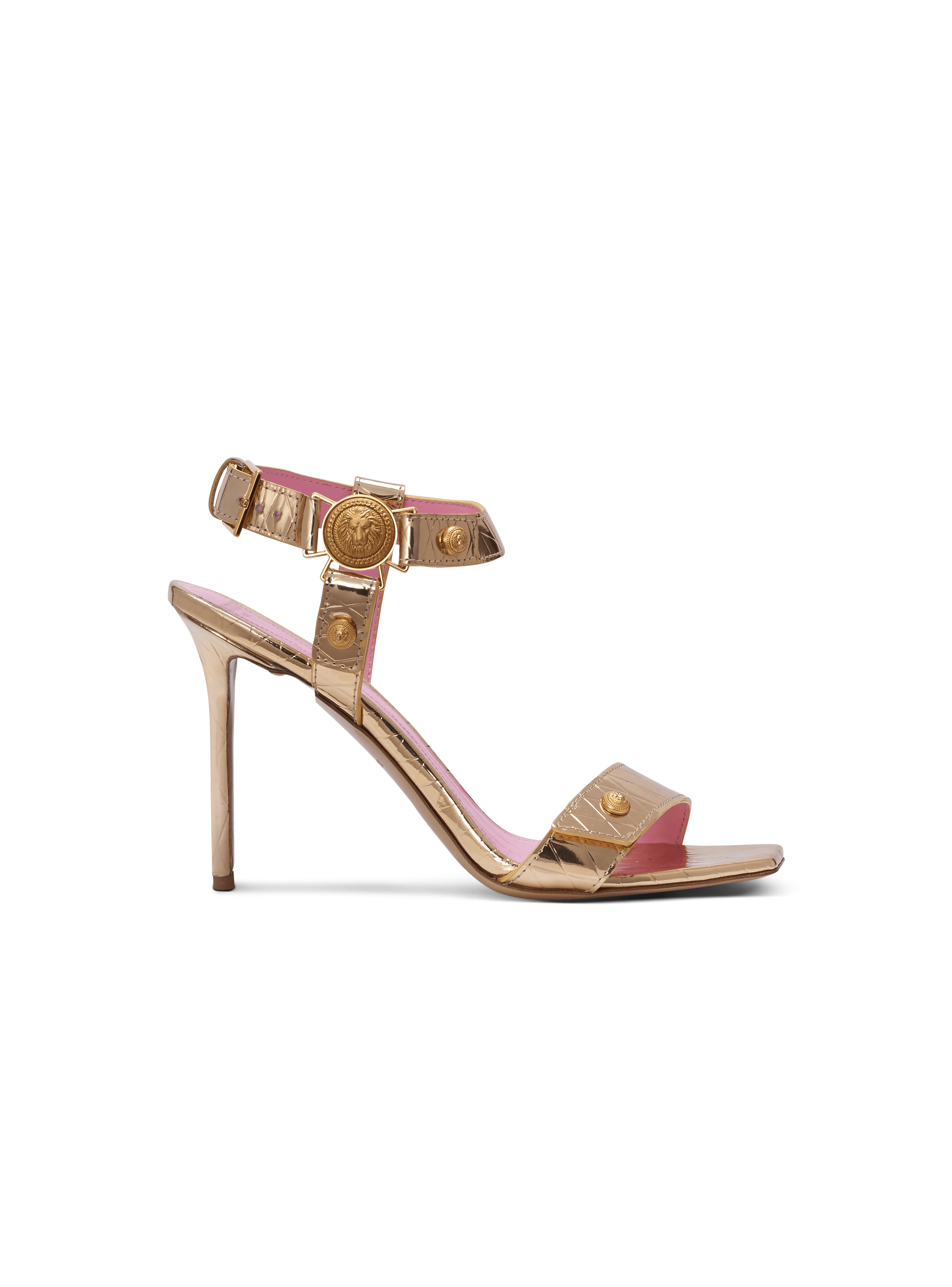 Eva sandals in mirrored leather with an embossed grid motif, gold, hi-res