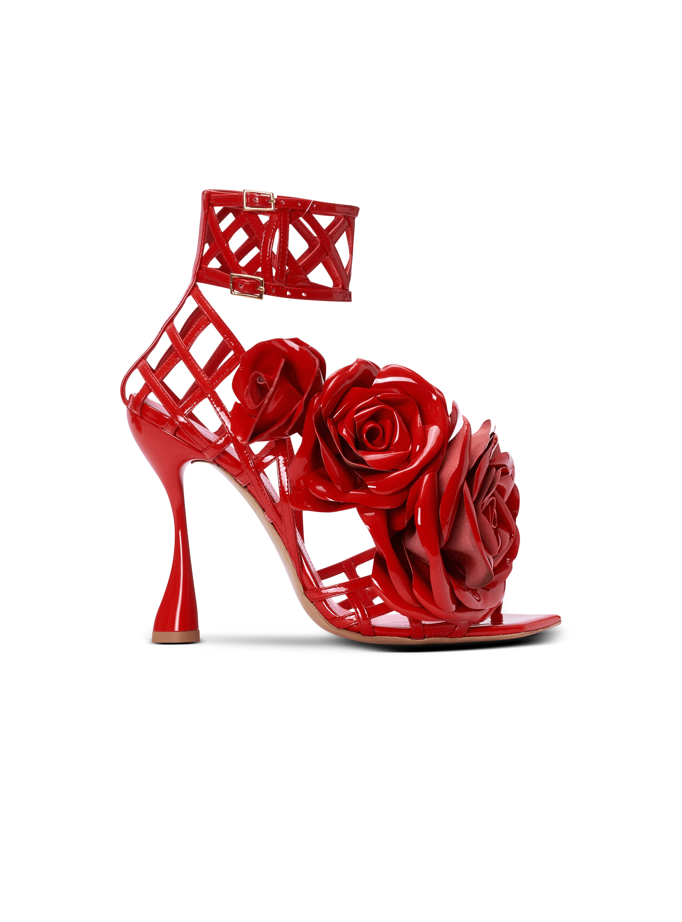 Patent leather Eden sandals with openwork grid and flowers