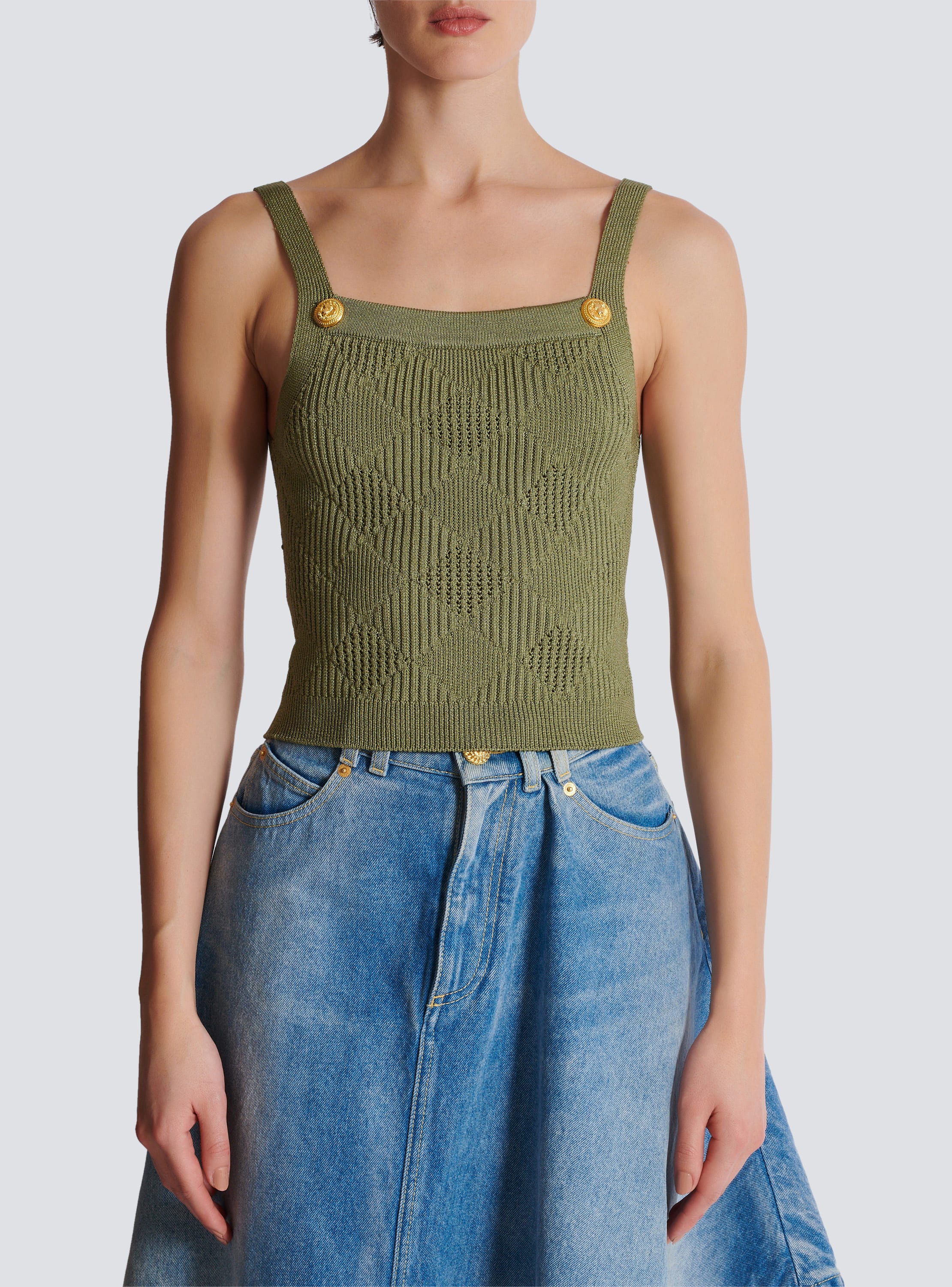 Cropped top in gingham openwork knit Women BALMAIN