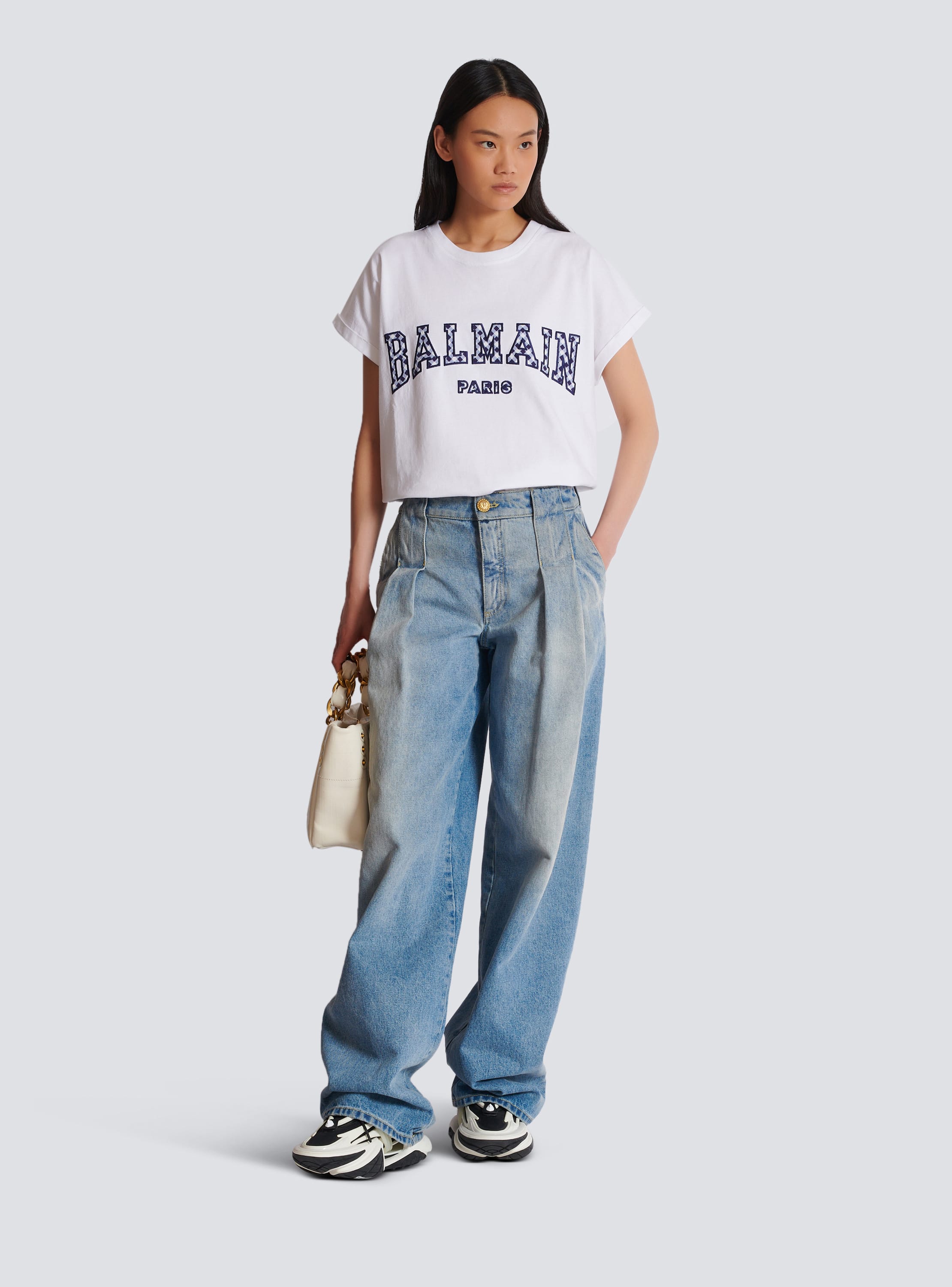 T-shirt Balmain Paris con scritta vichy