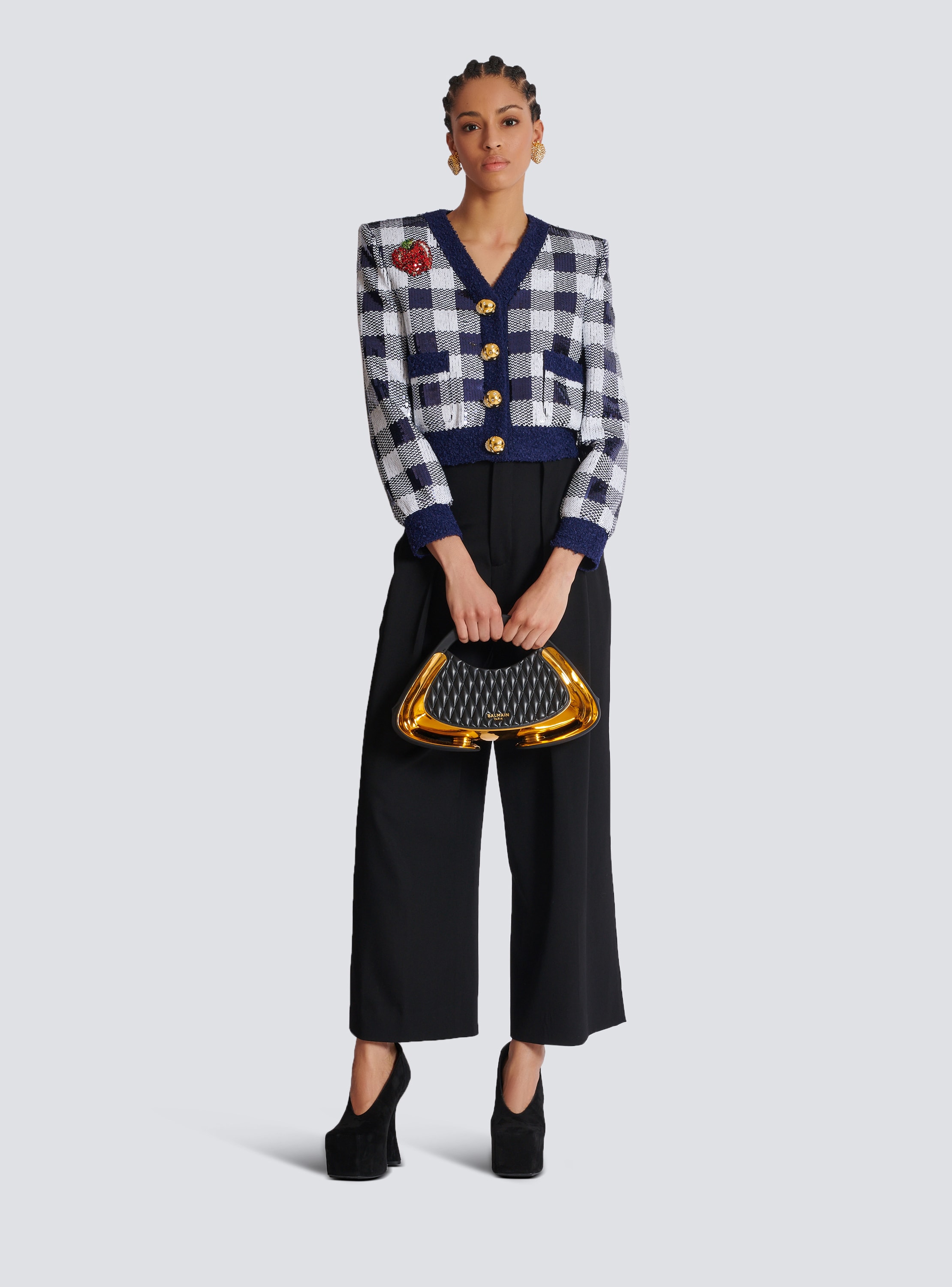 Cropped jacket in gingham sequins