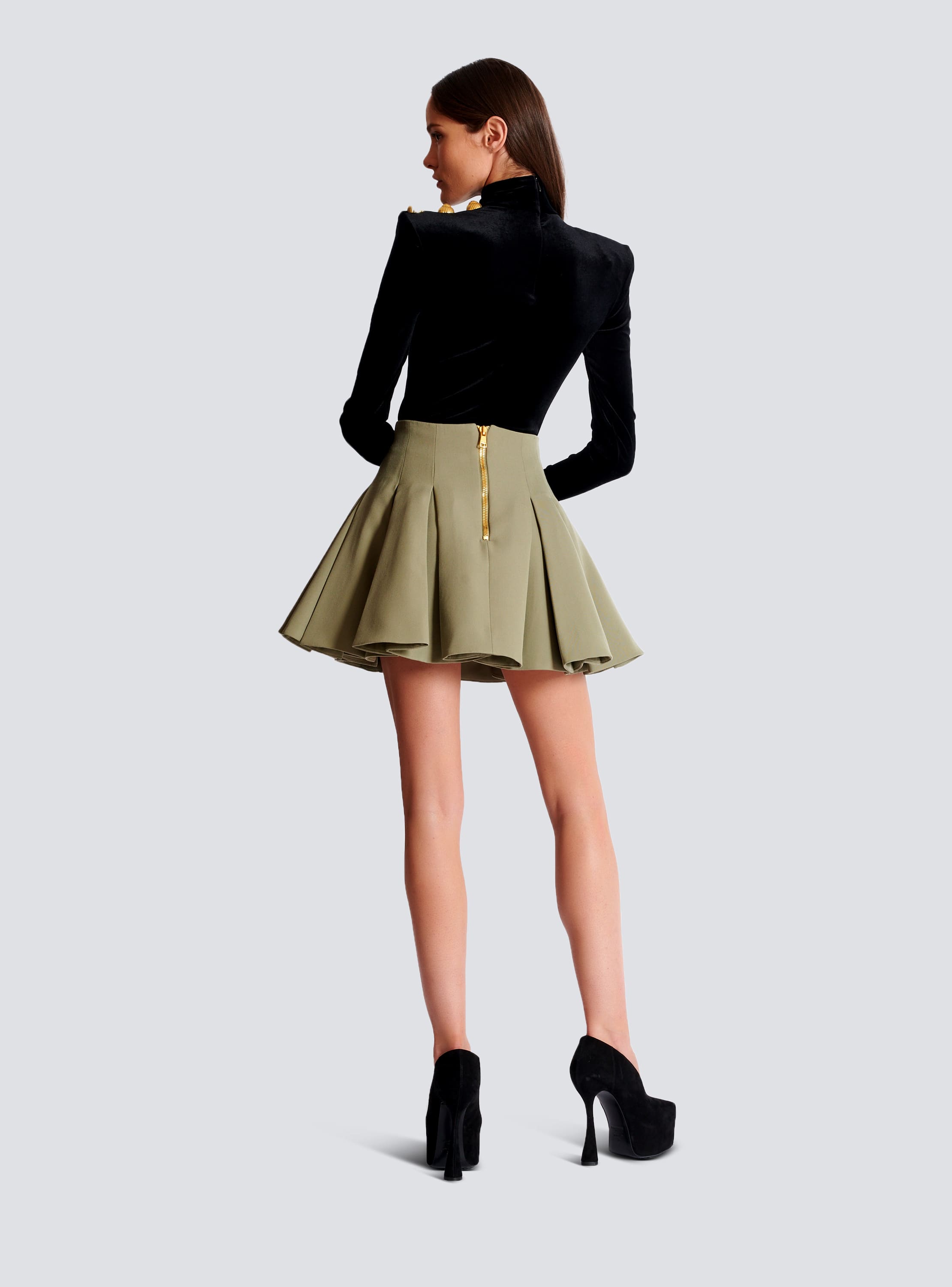 Short pleated skirt in grain de poudre green Women BALMAIN