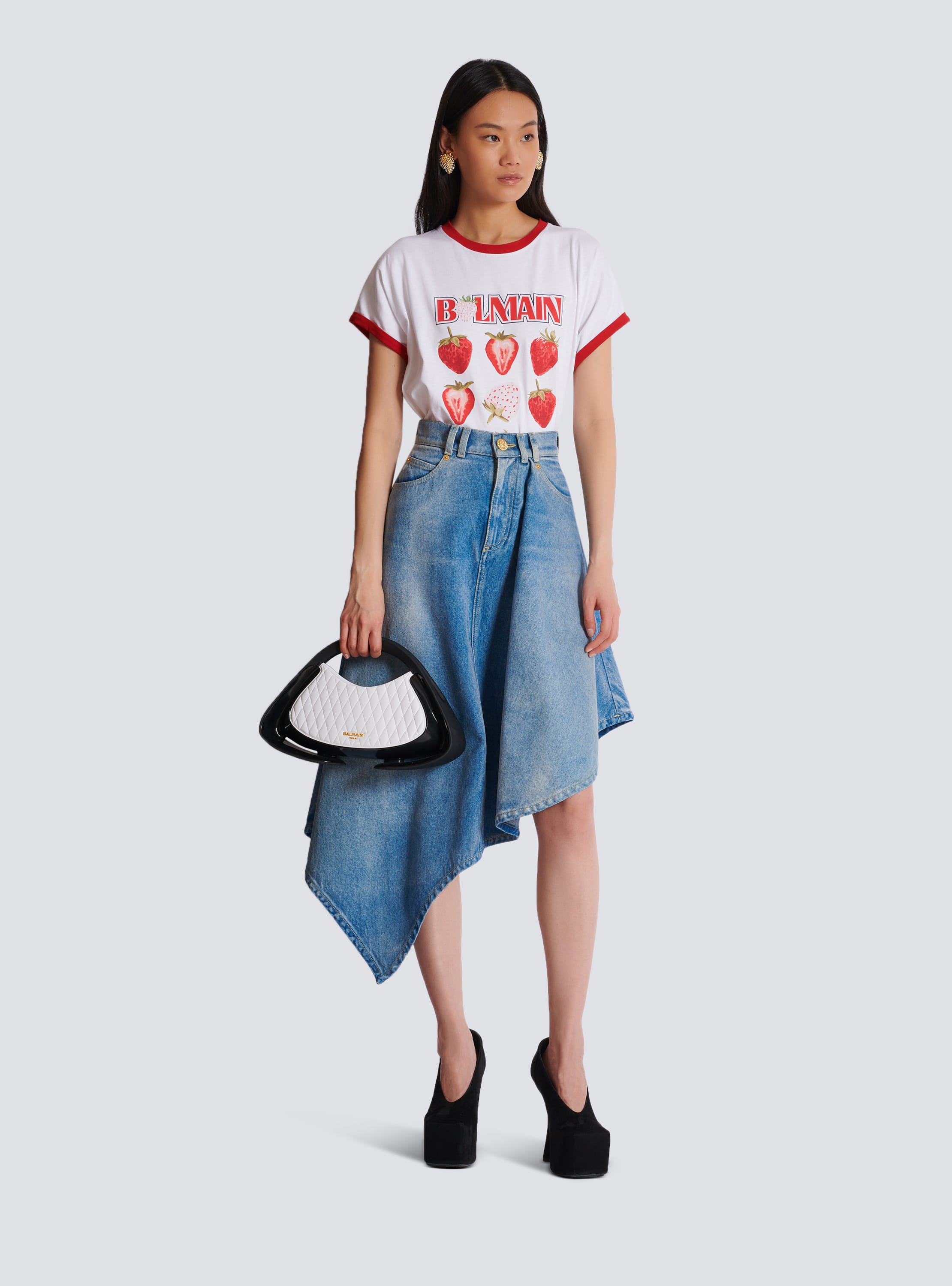 Pleated asymmetric denim skirt