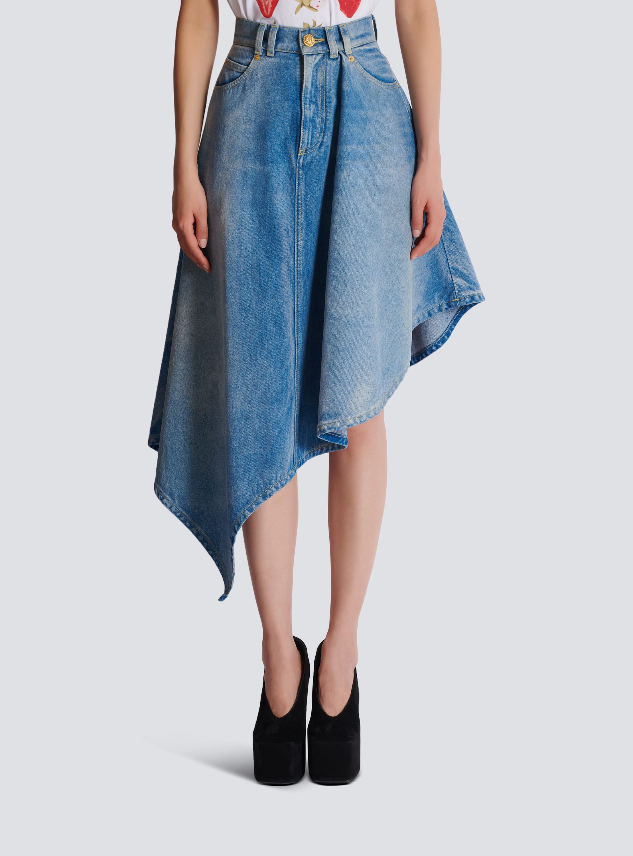 Pleated asymmetric denim skirt blue Women BALMAIN