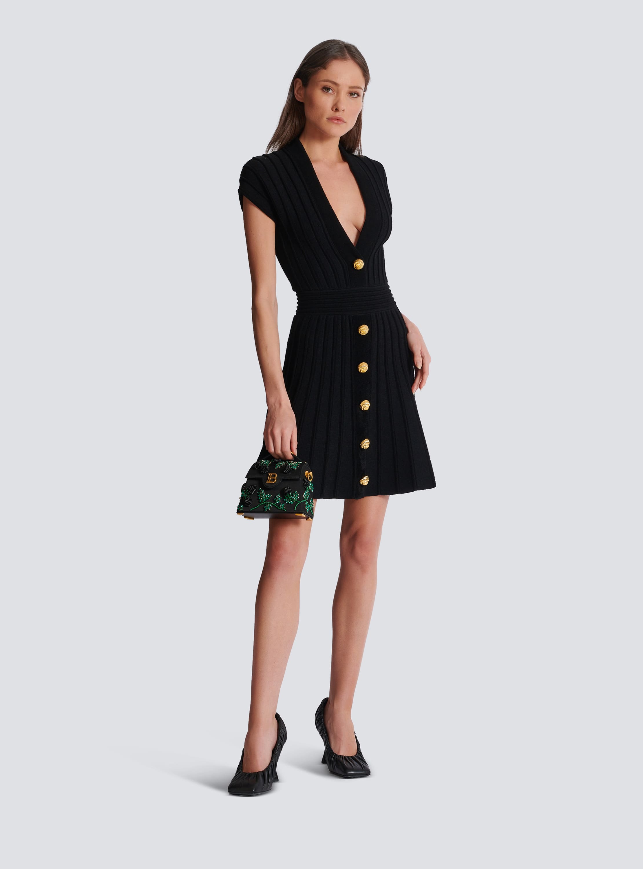 Balmain black dress gold buttons best sale