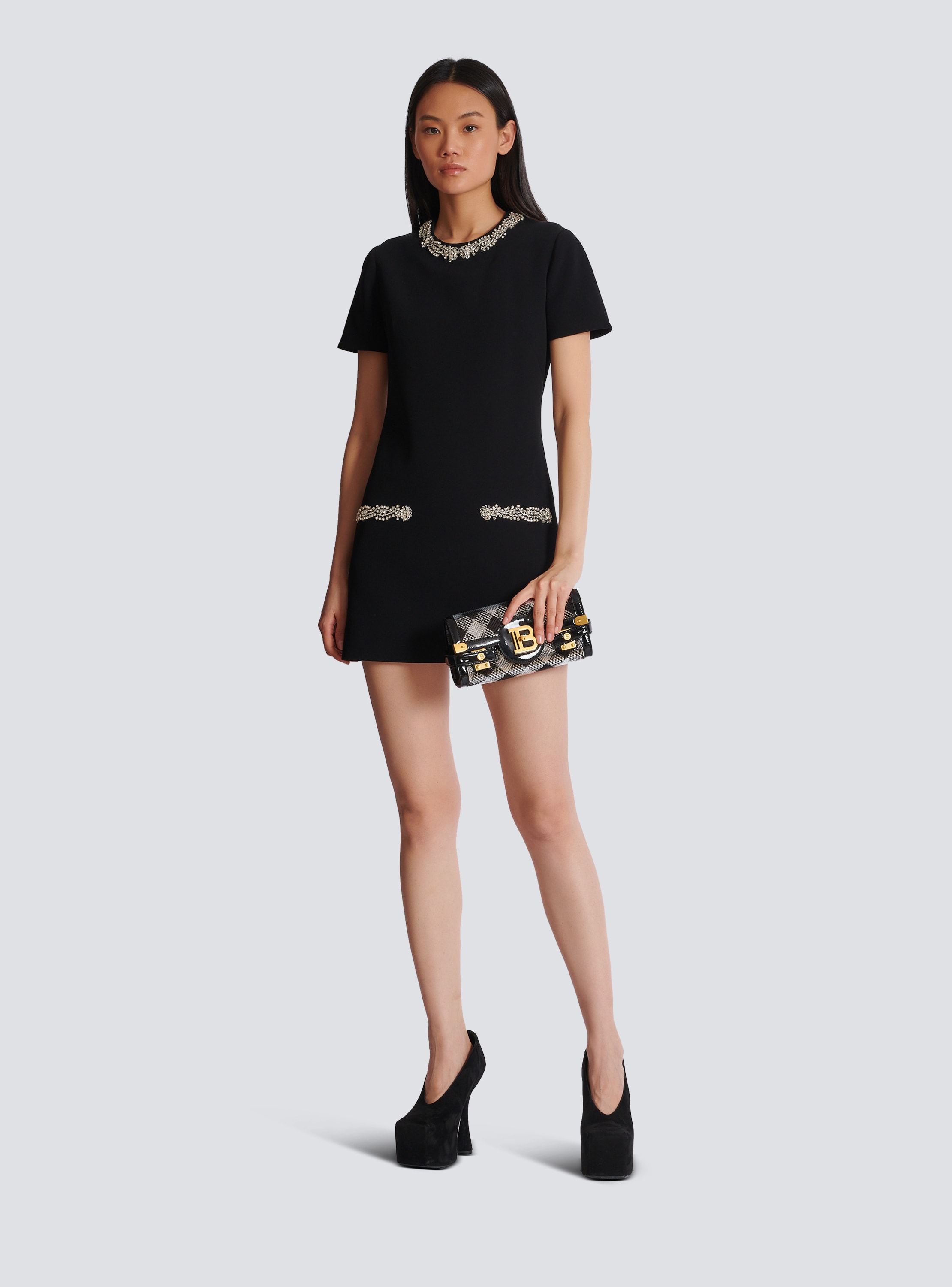 Embroidered crepe shift dress