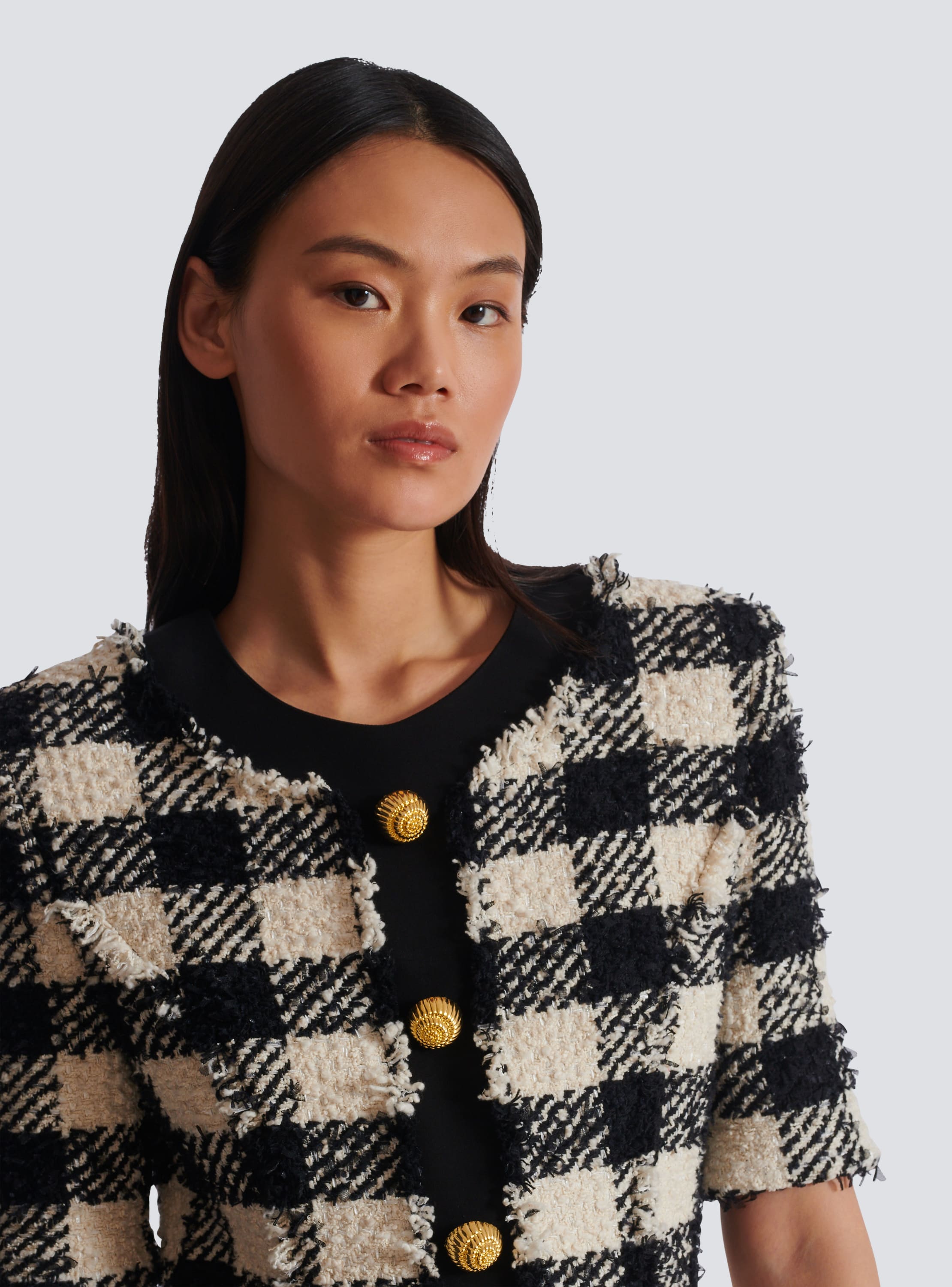 Gingham tweed and crepe dress black - Women | BALMAIN Gingham tweed and crepe dress black - Women | BALMAIN