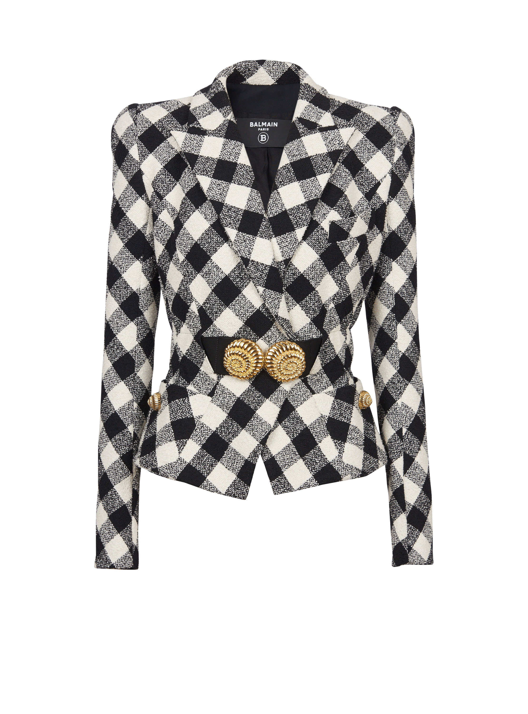 Belted gingham tweed jacket with two Snail buttons