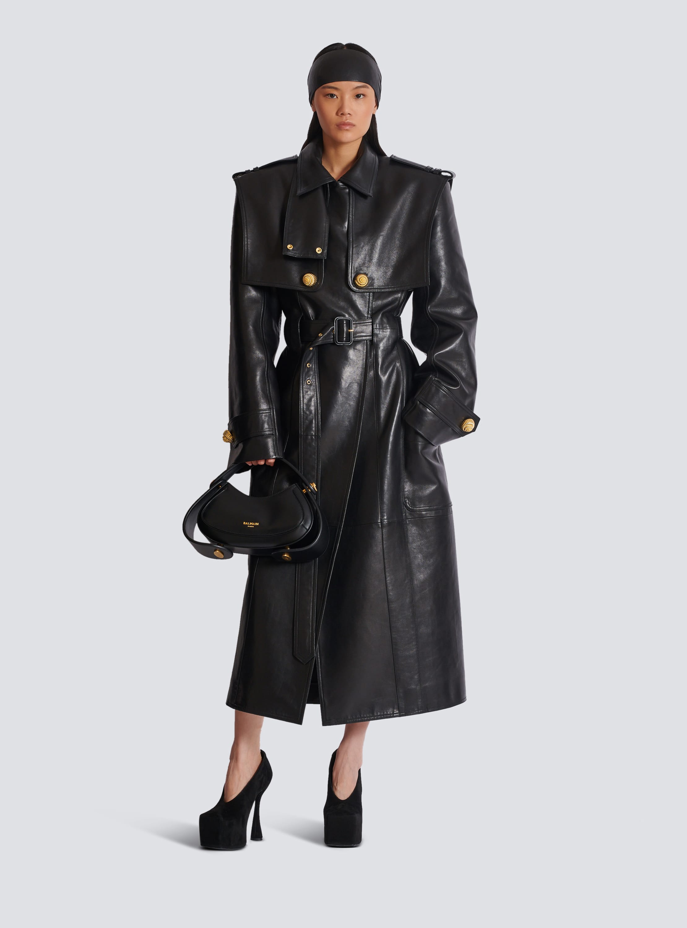 Belted trench coat in lambskin leather