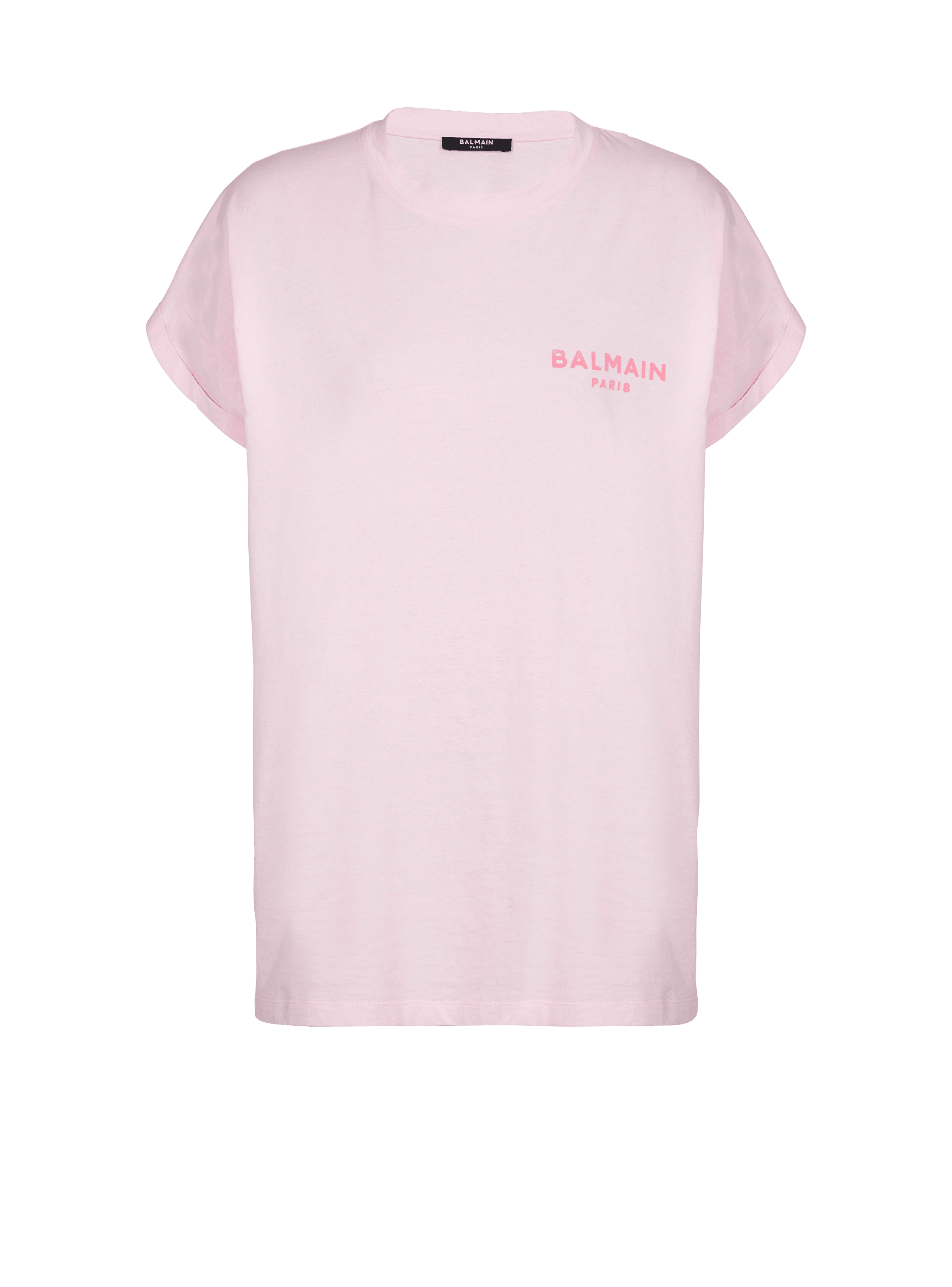 T shirt with flocked Balmain Paris logo pink Women BALMAIN