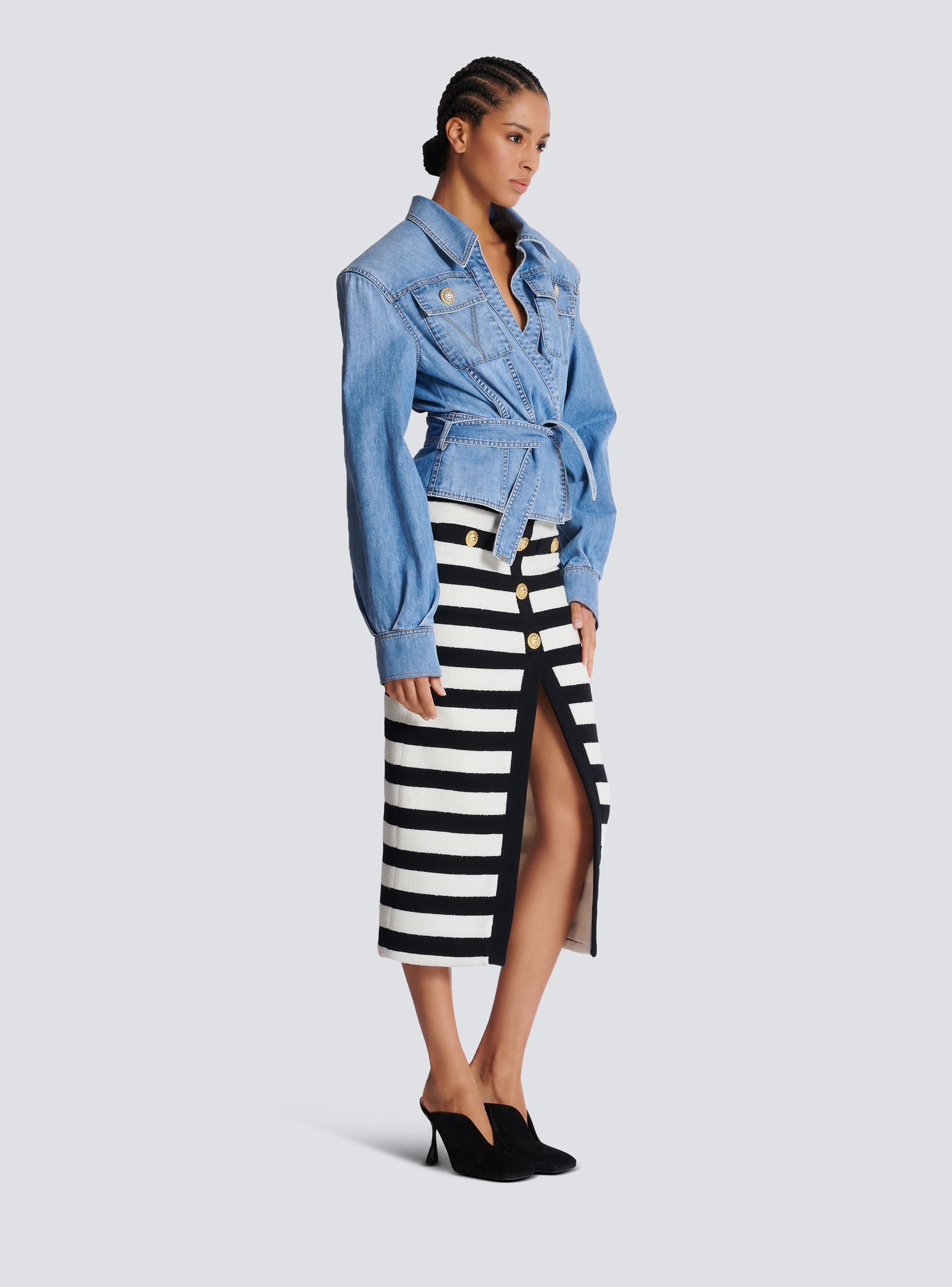 Denim belted crop shirt