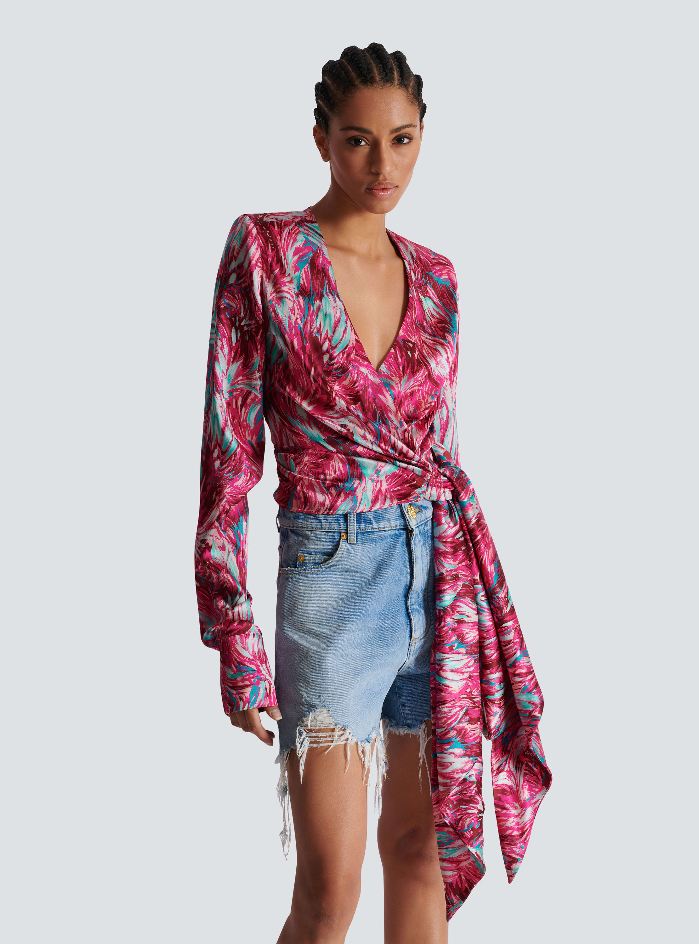 Feather print satin wrap blouse pink Women BALMAIN