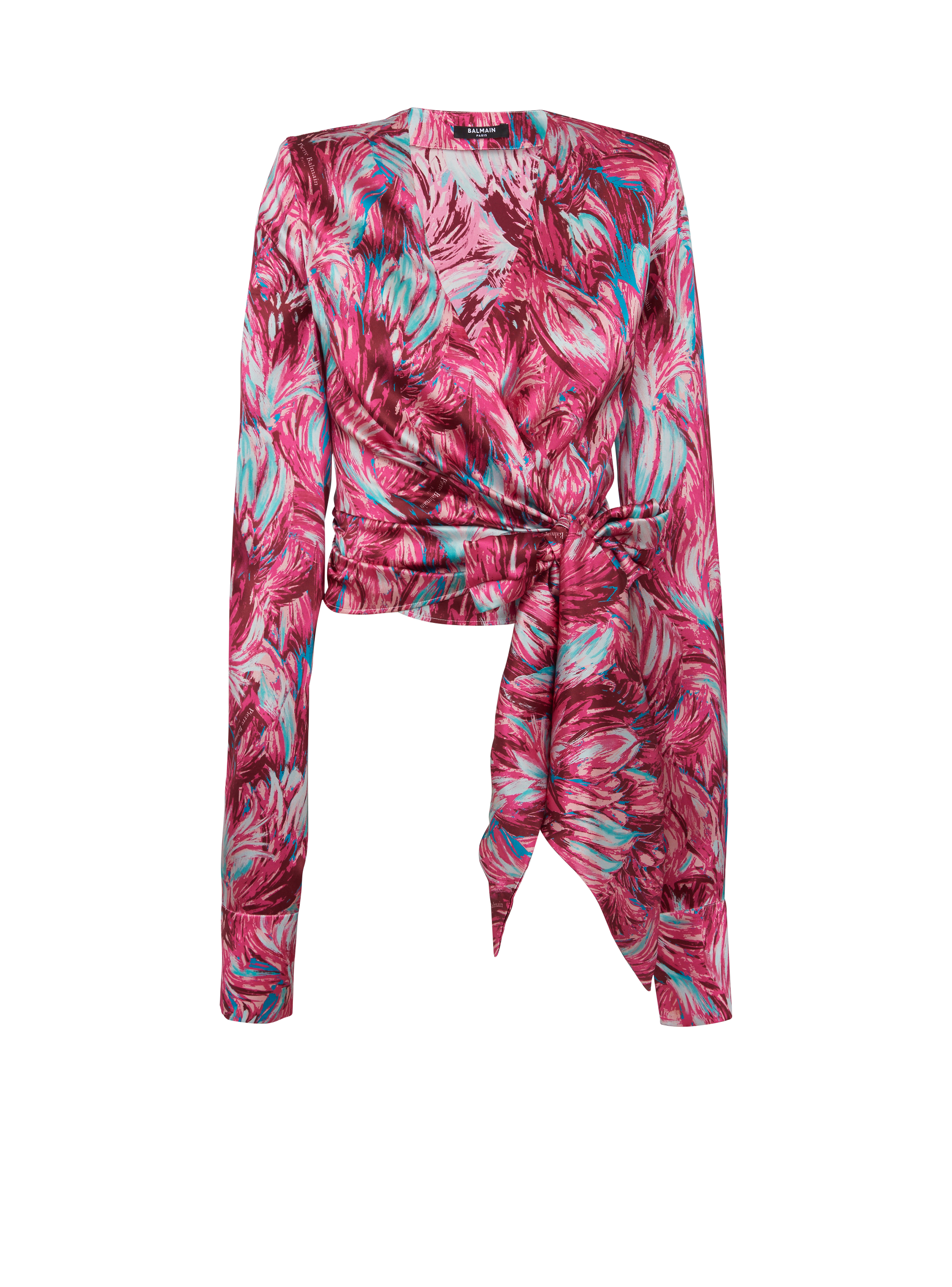 Wickelbluse aus Satin mit Federprint