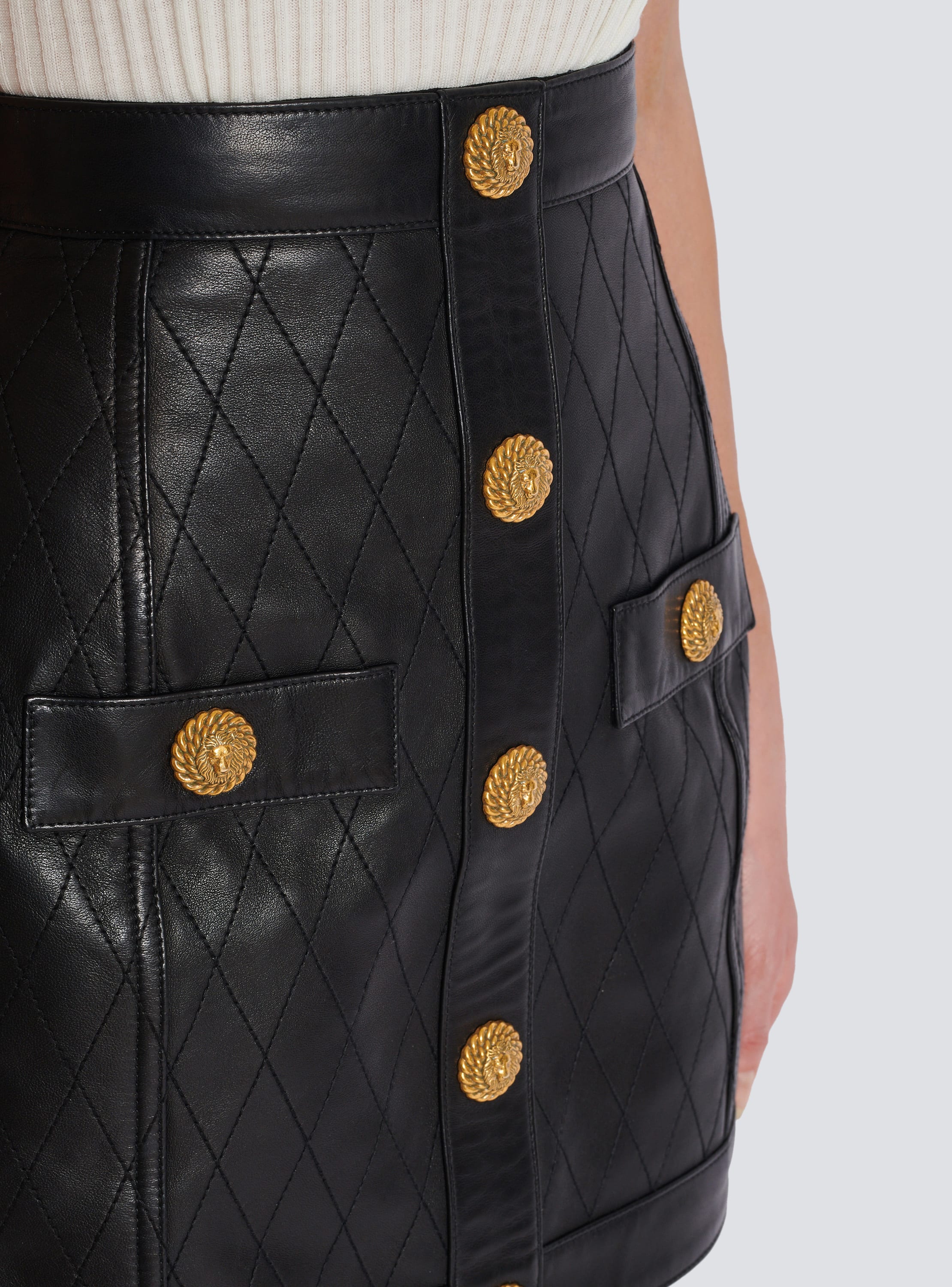 Topstitched leather skirt with buttons black Women BALMAIN