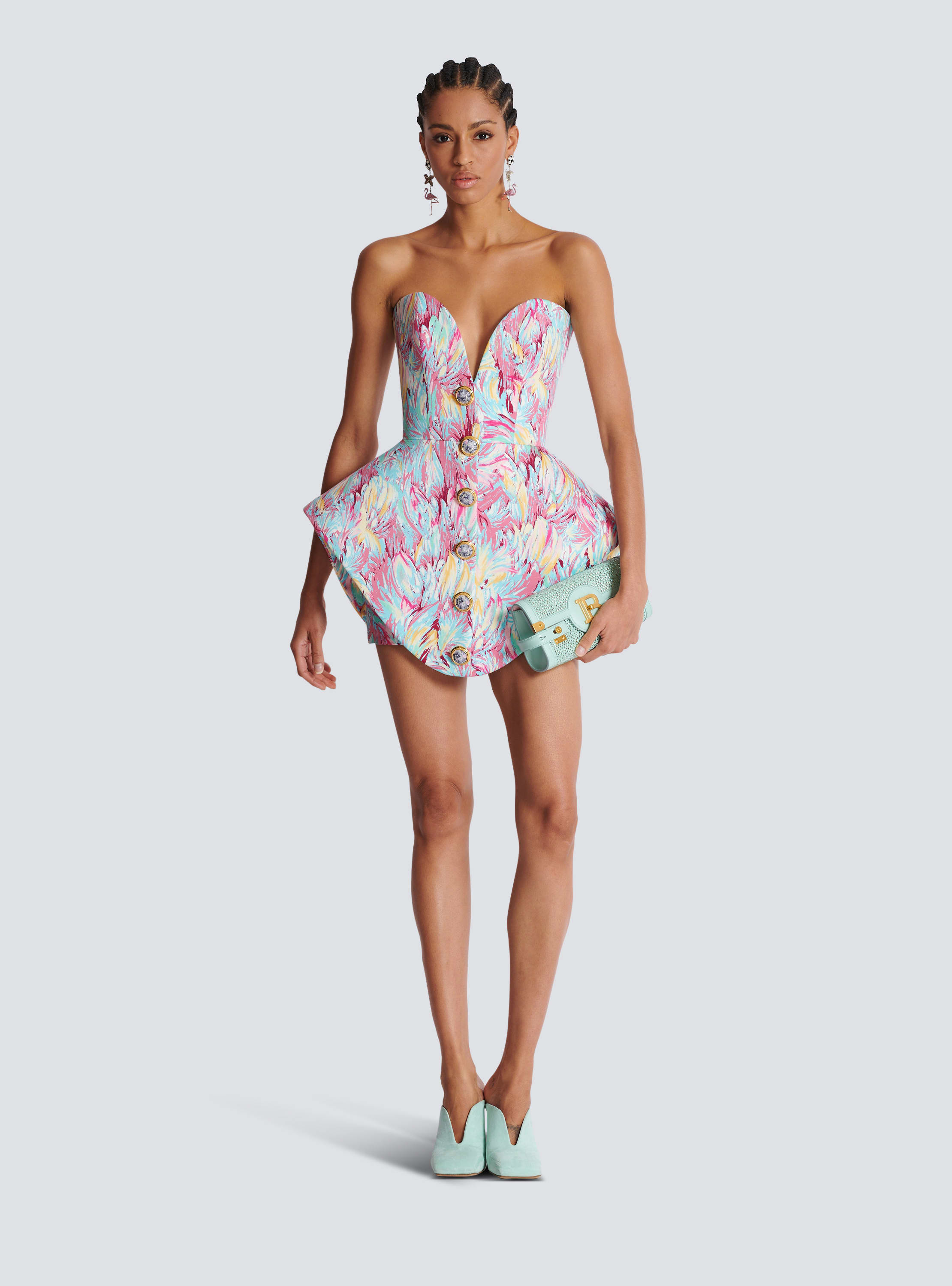 Peplum bustier dress with Feather print