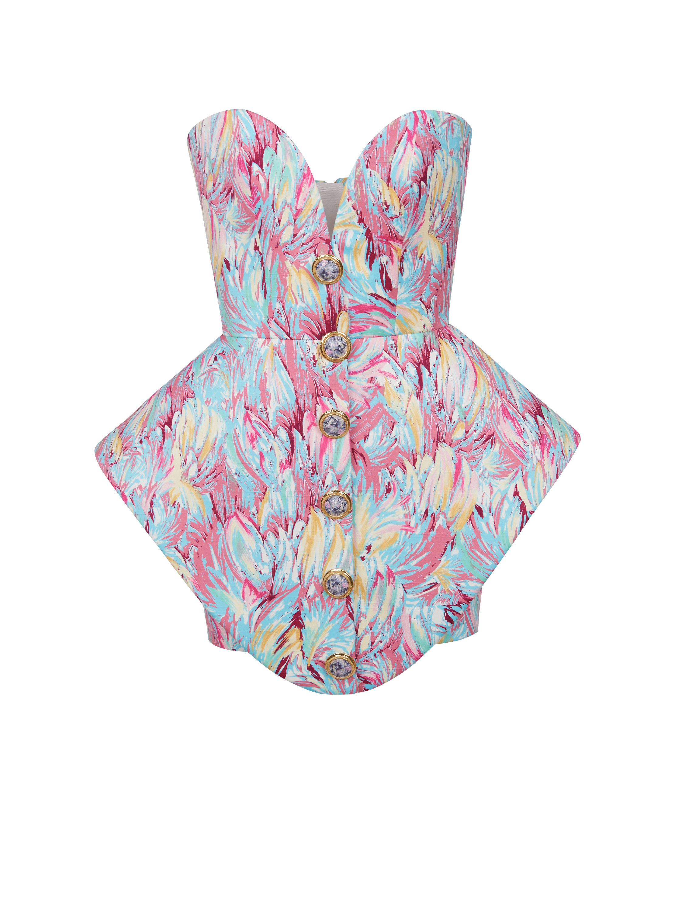 Peplum bustier dress with Feather print