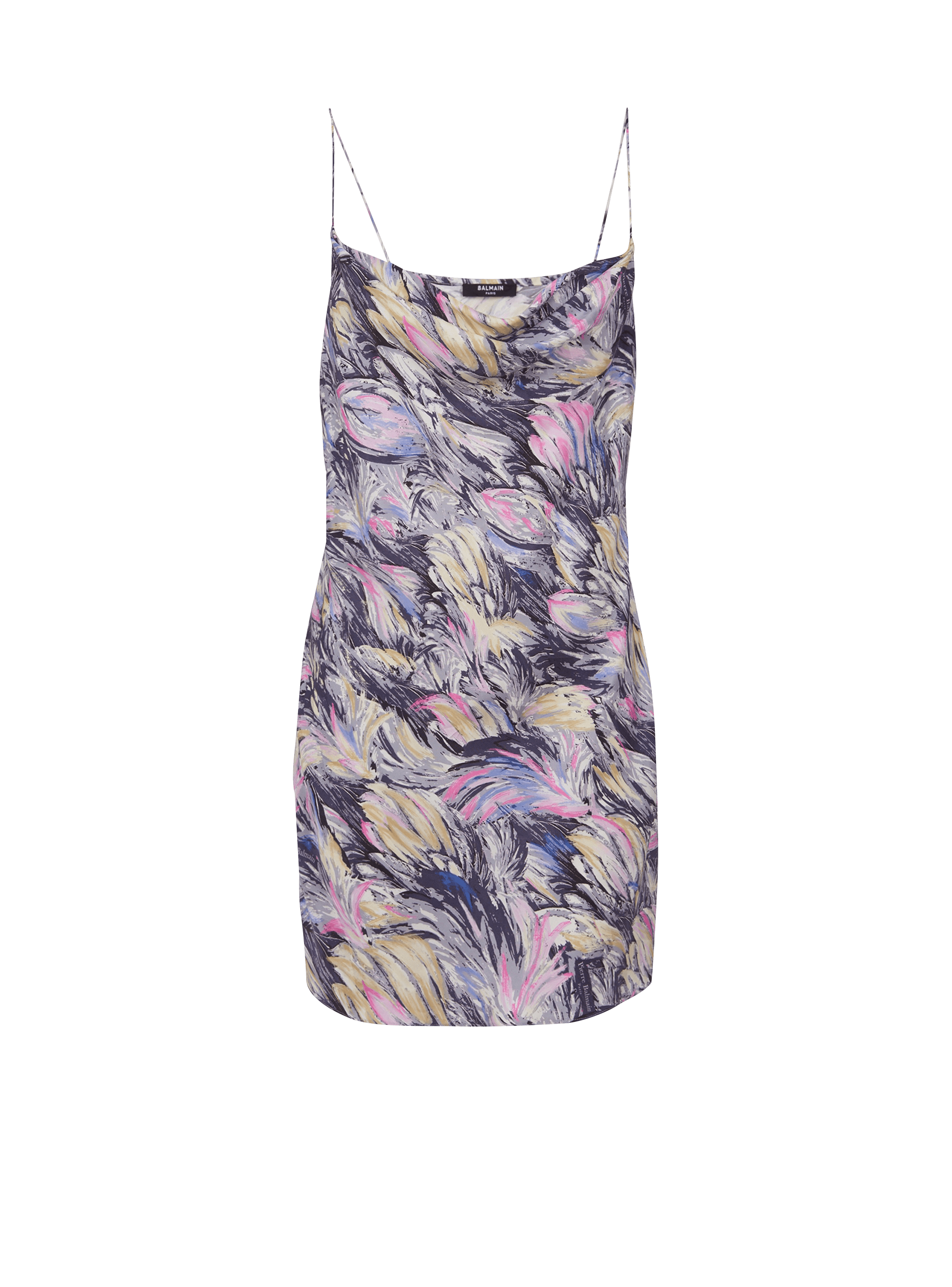 Vestido lencero de raso con estampado Plumes