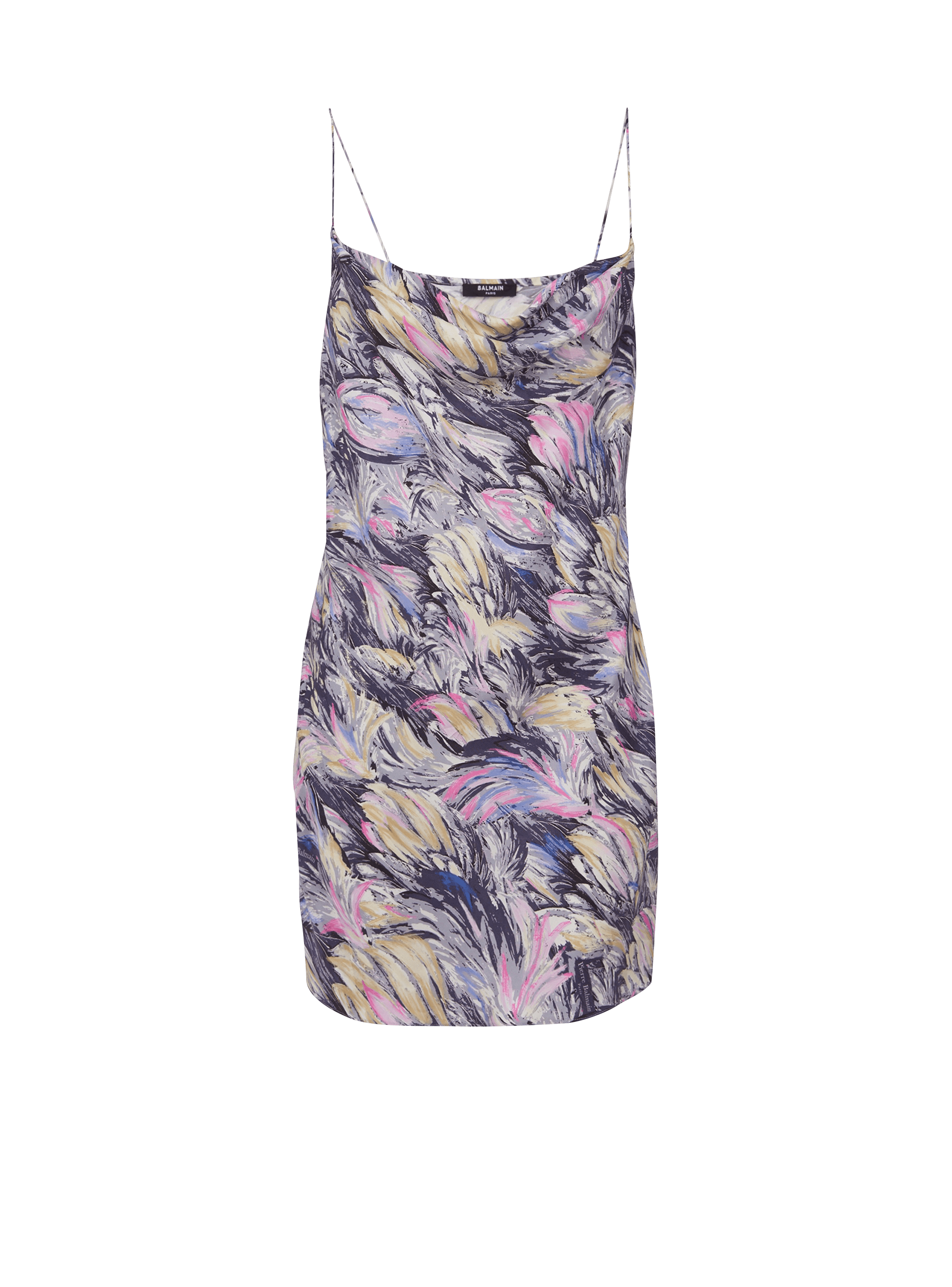 Short satin slip dress with Feather print