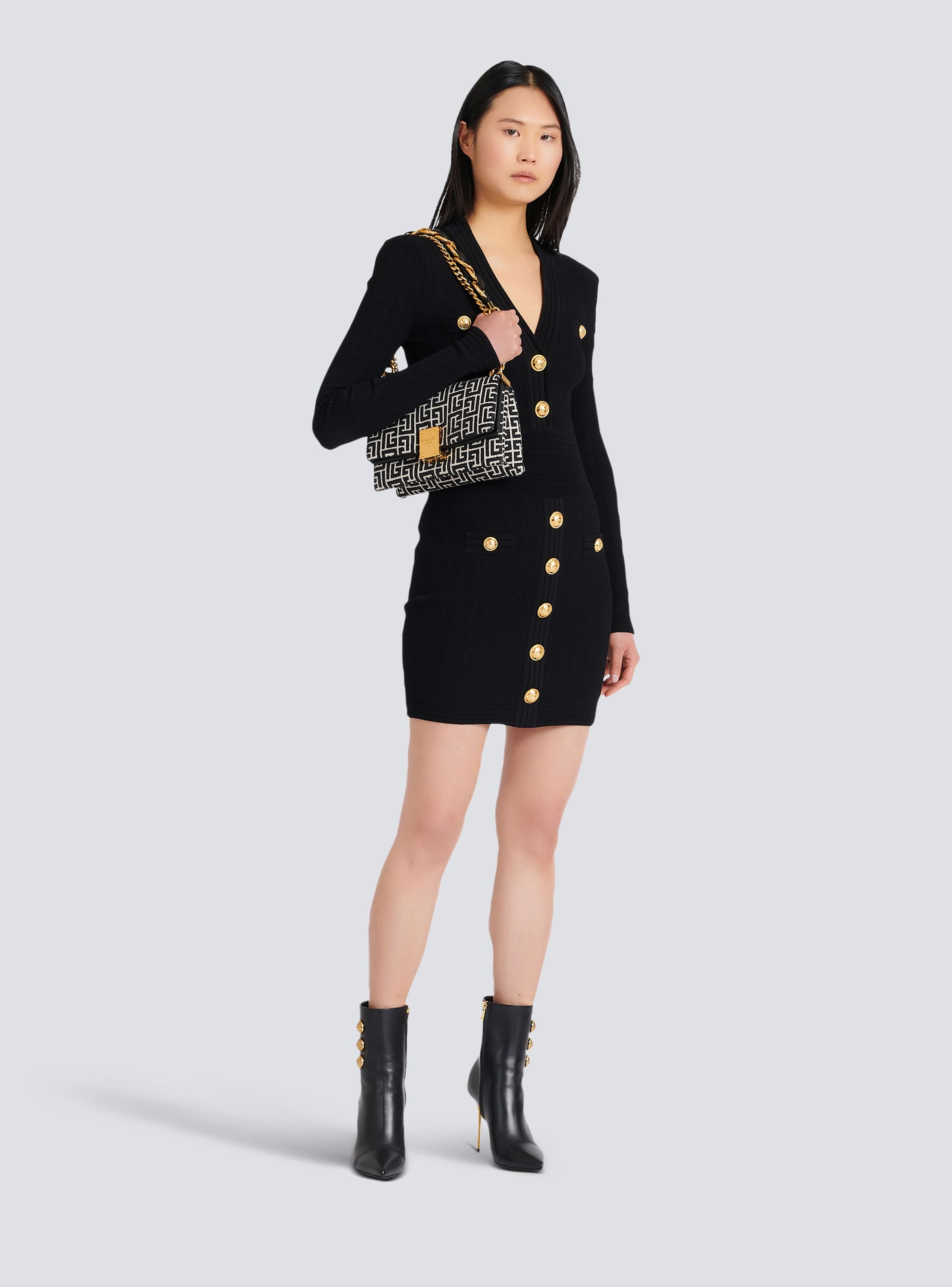 Short knitted dress with gold buttons black Women BALMAIN