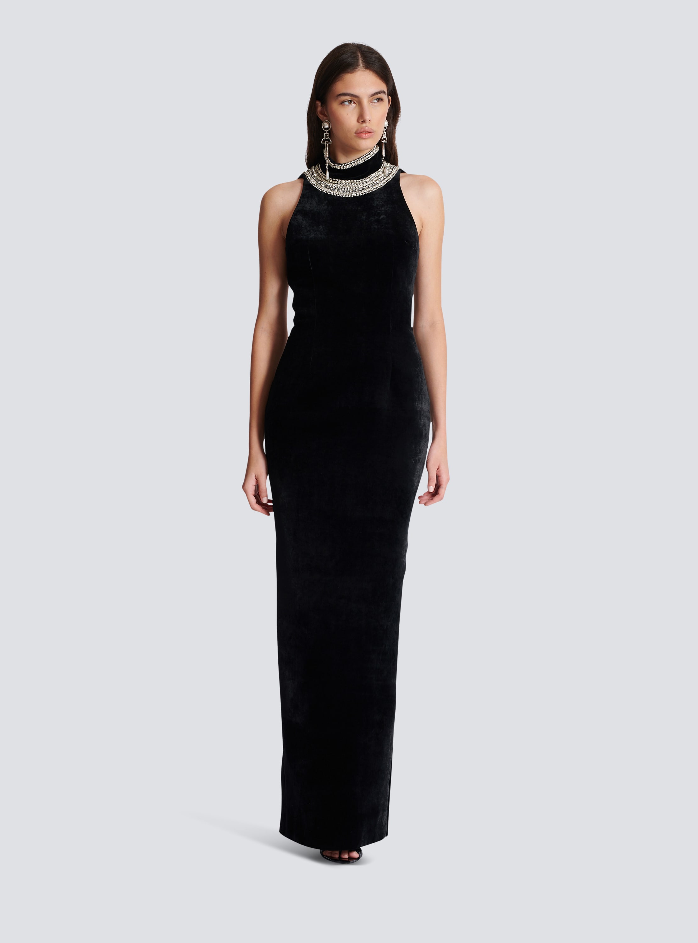 Embroidered velvet halterneck dress