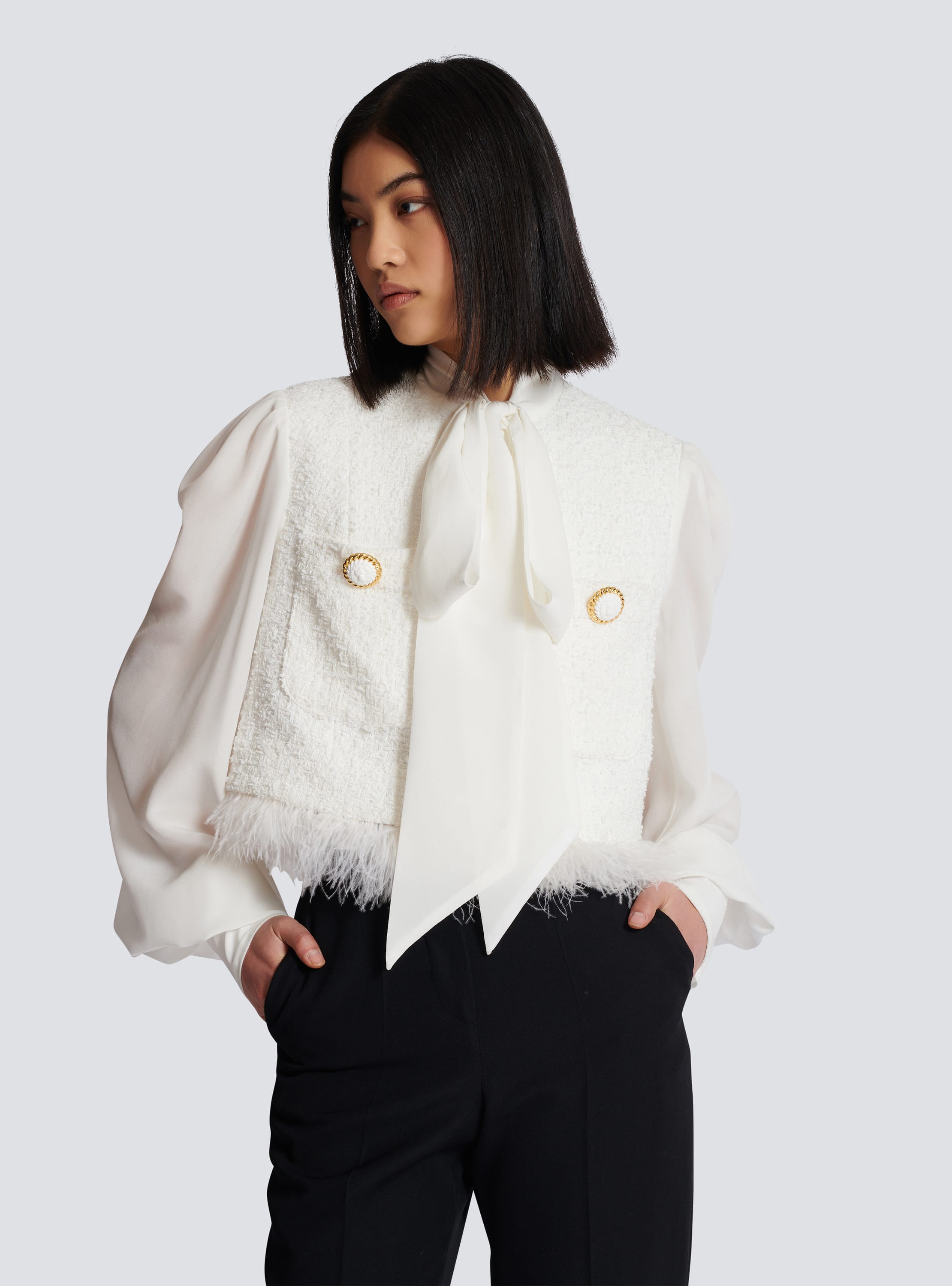 Tweed and crepe jacket white - Women | BALMAIN