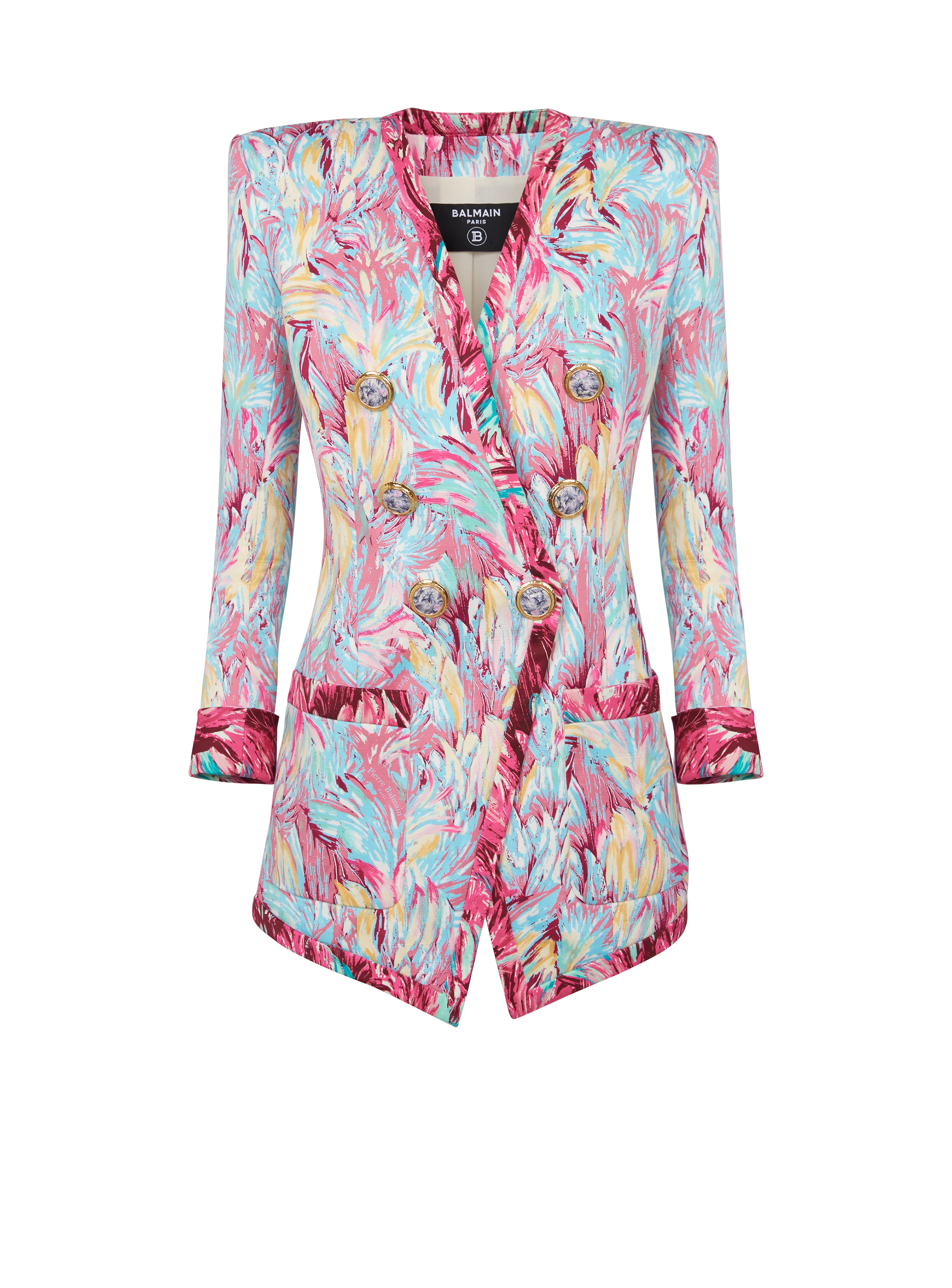 Long 6-button jacket with Feather print