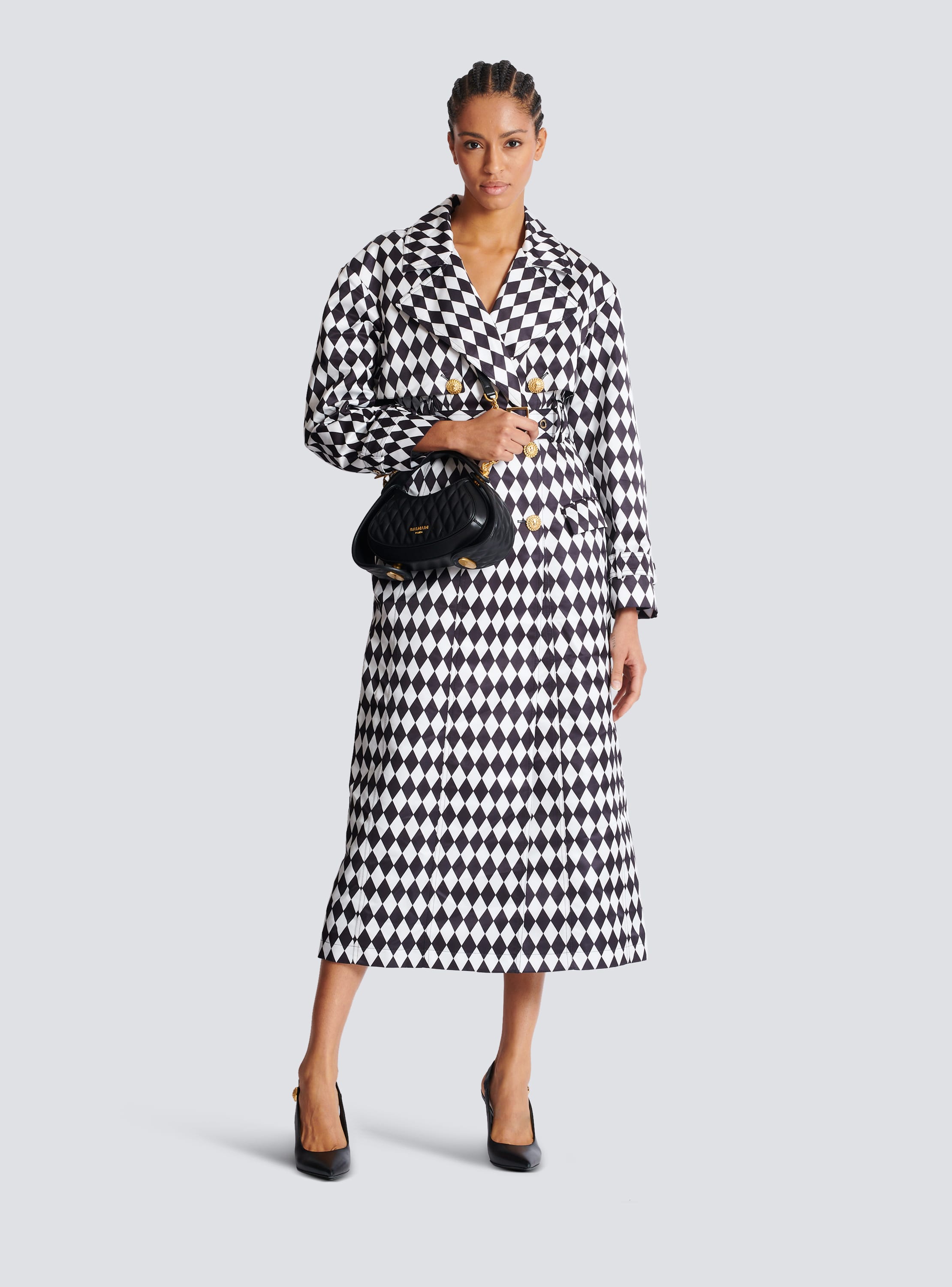 Diamond print belted trench coat