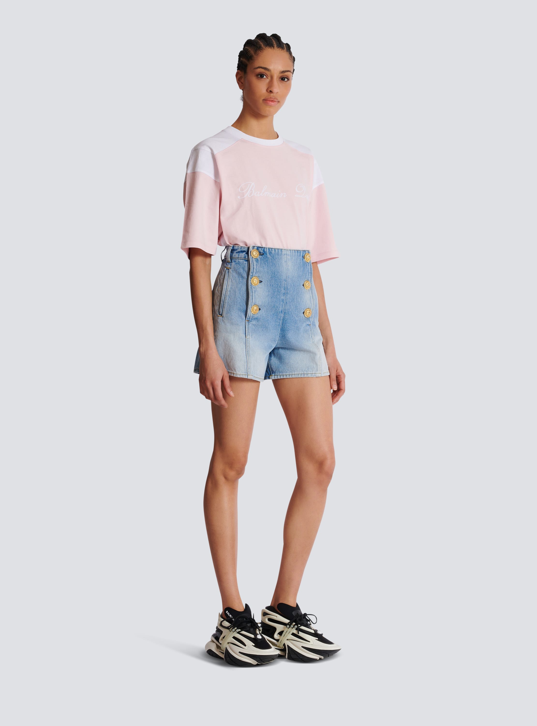 Button front denim shorts online