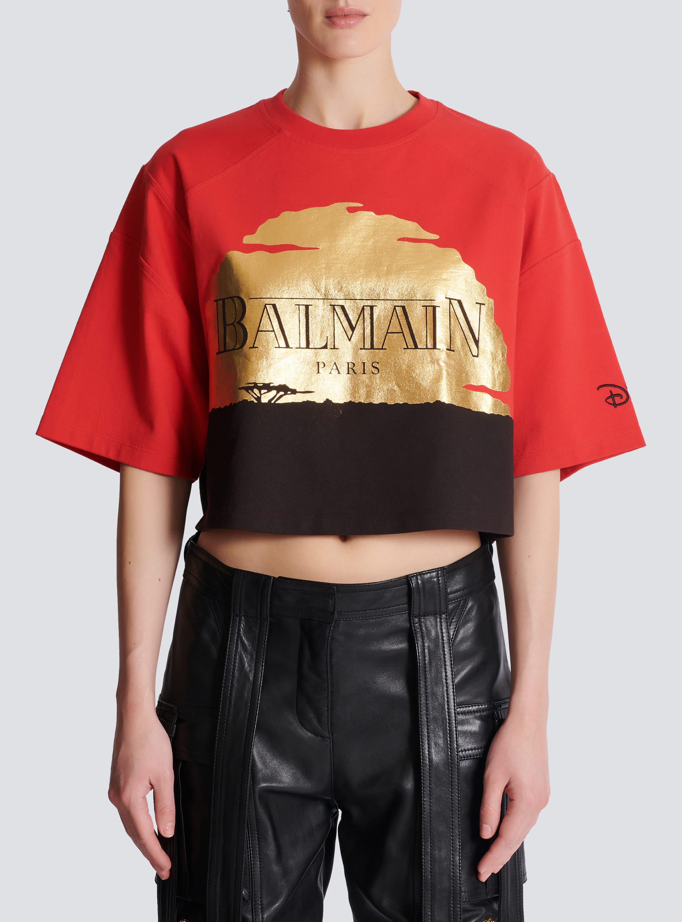 Disney x Balmain The Lion King Cropped T shirt with Sunset print