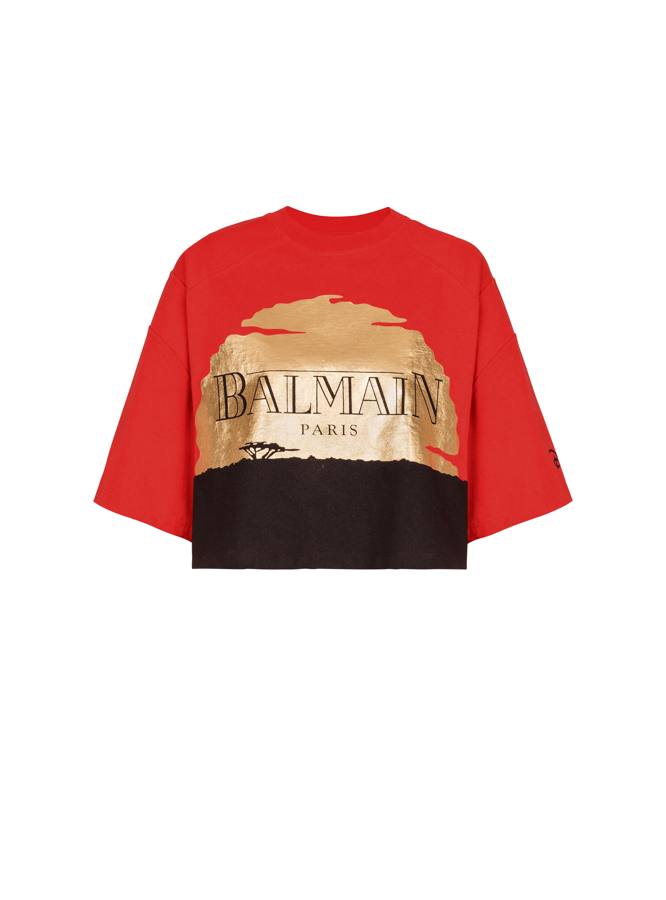 Disney x Balmain The Lion King Cropped T shirt with Sunset print red Women BALMAIN