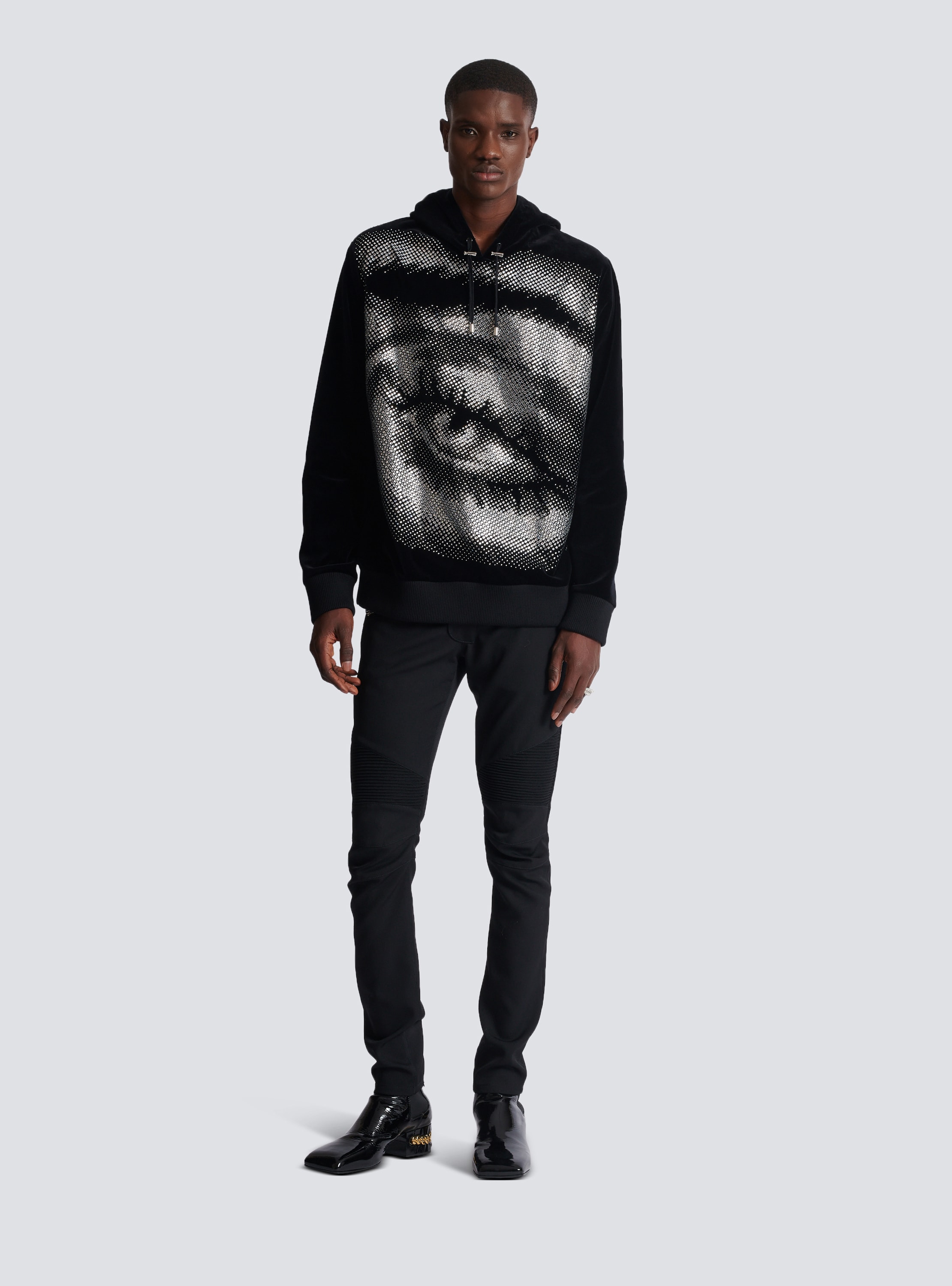 Balmain Kapuzenpullover aus Samt mit Eye-Motiv aus Kristallen