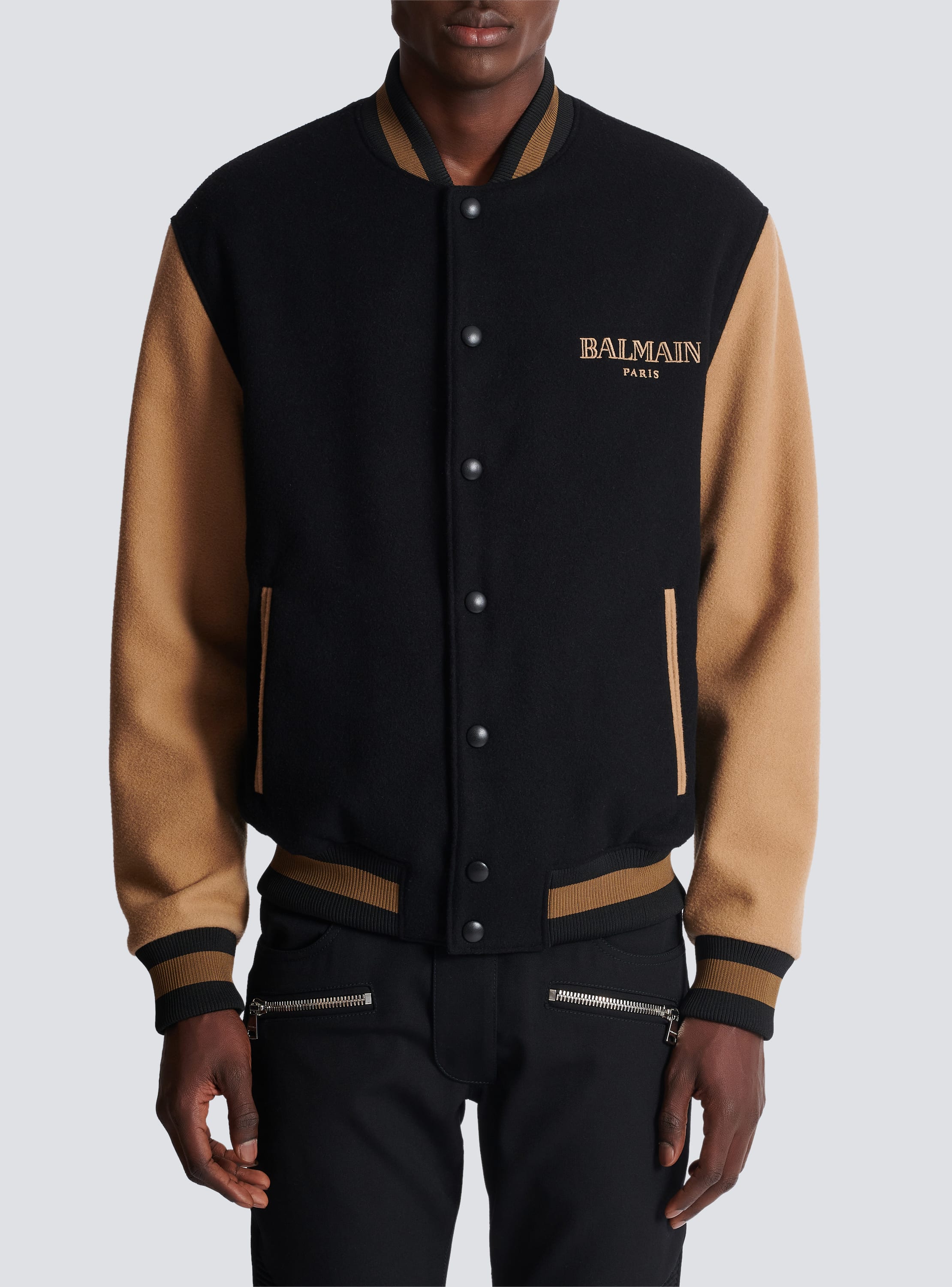 Two tone wool and cashmere varsity jacket black Men BALMAIN