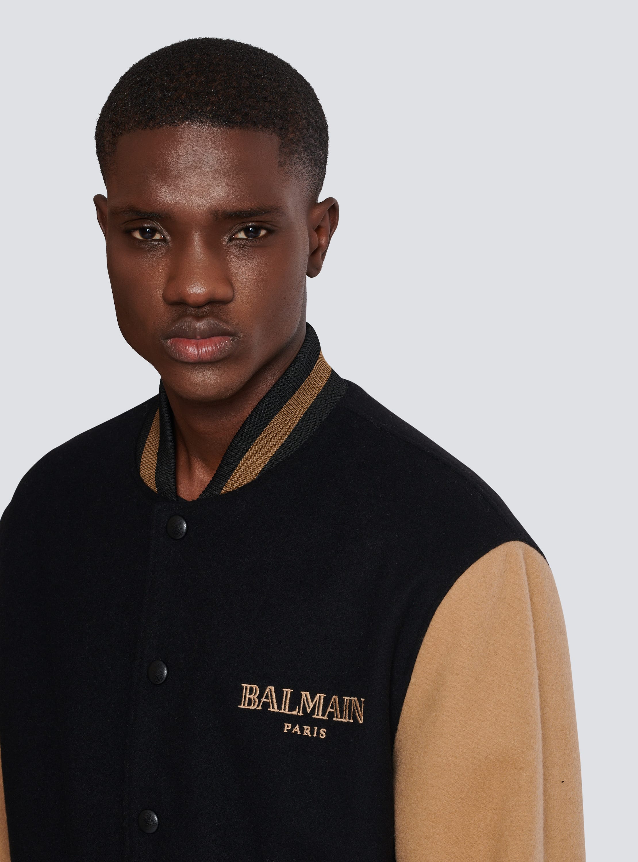 Two tone wool and cashmere varsity jacket